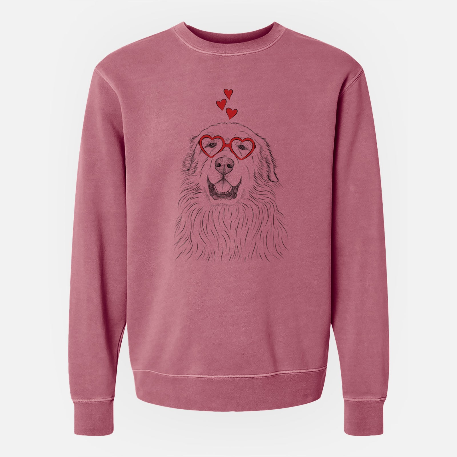 Hand-drawn sketch of Horton the Great Pyrenees wearing heart-shaped glasses on a Maroon Unisex pigment dyed crew sweatshirt