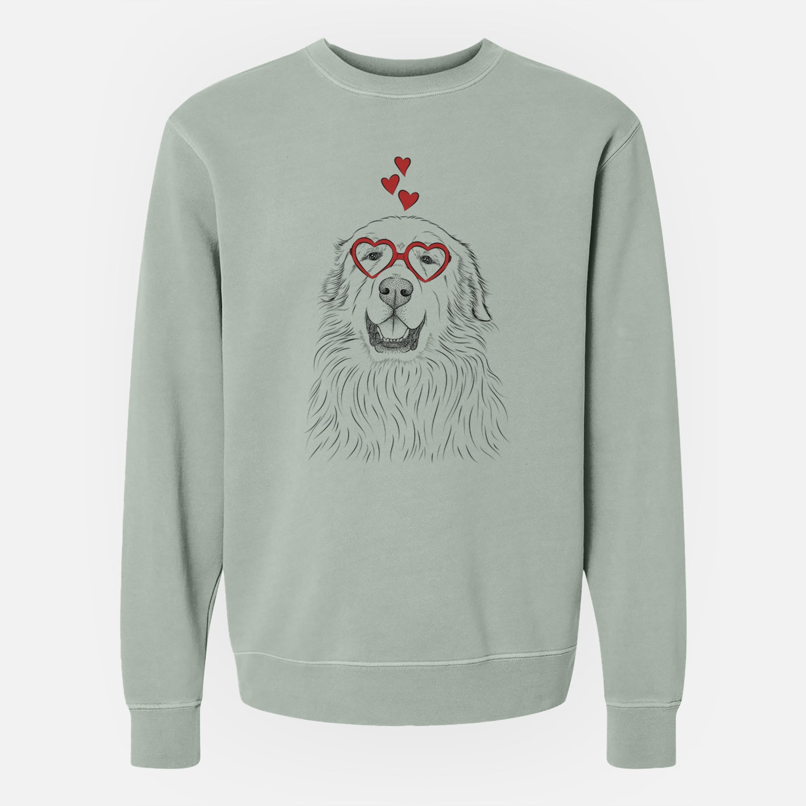 Hand-drawn sketch of Horton the Great Pyrenees wearing heart-shaped glasses on a Sage Unisex pigment dyed crew sweatshirt
