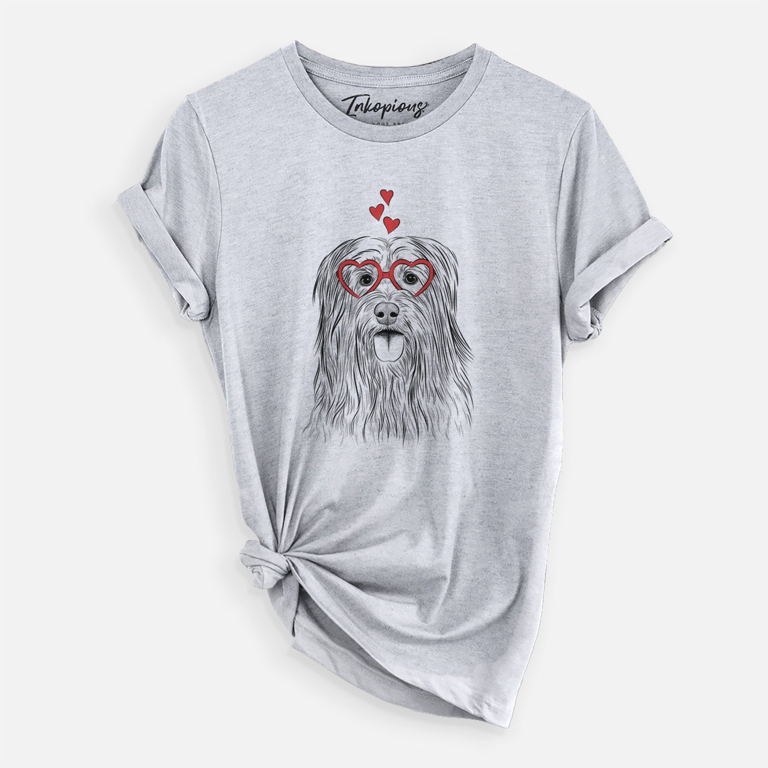 Hand-drawn sketch of Indy the Korean Sapsali wearing heart-shaped glasses on a Grey Unisex crewneck