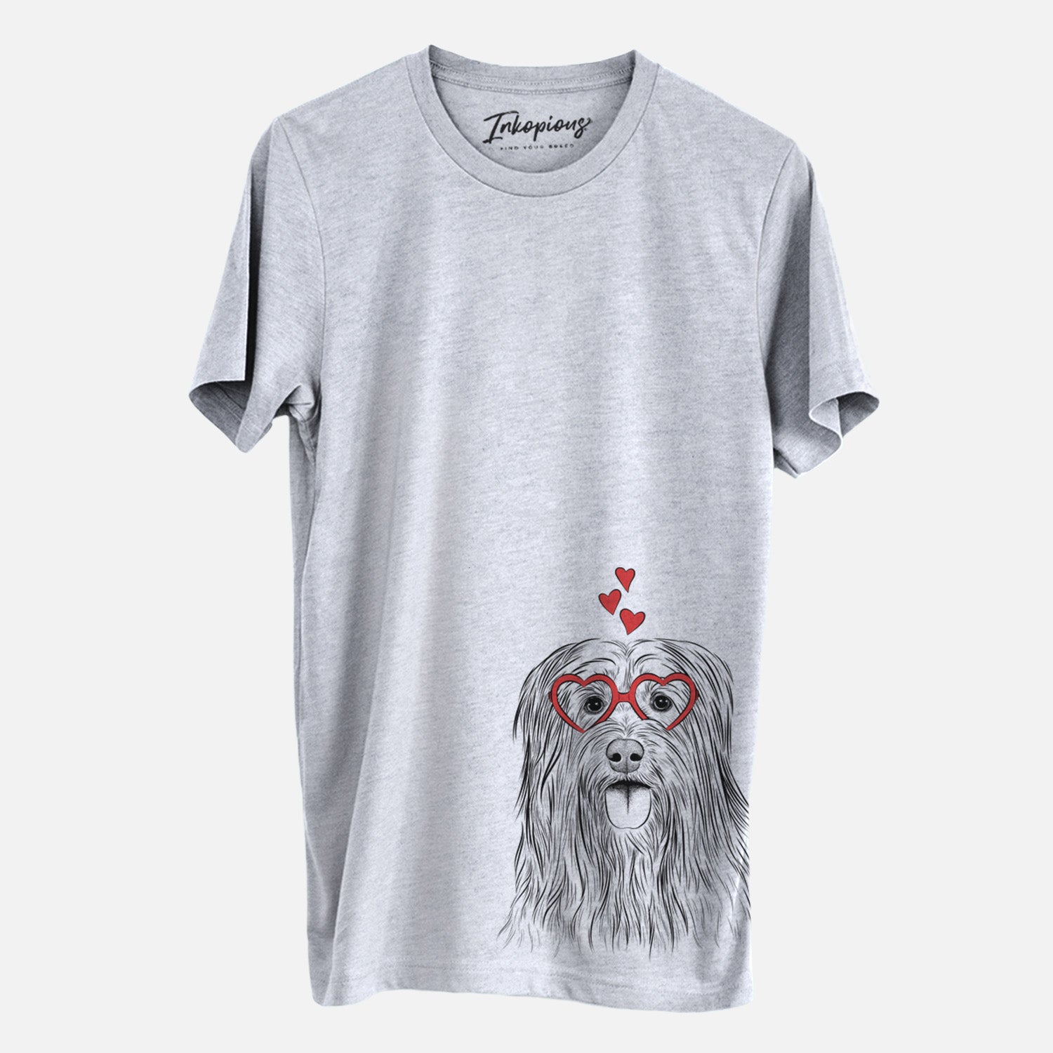 Hand-drawn sketch of Indy the Korean Sapsali wearing heart-shaped glasses on a Grey Unisex crewneck