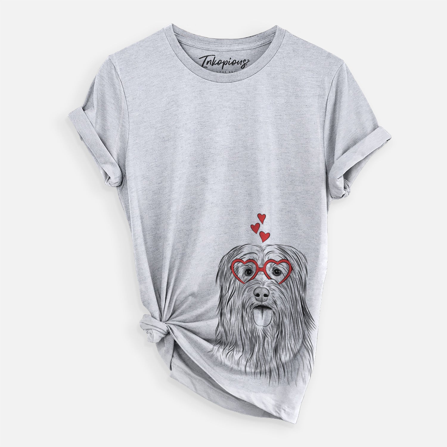 Hand-drawn sketch of Indy the Korean Sapsali wearing heart-shaped glasses on a Grey Unisex crewneck