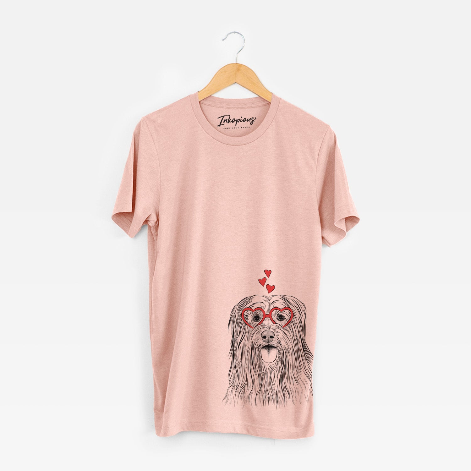 Hand-drawn sketch of Indy the Korean Sapsali wearing heart-shaped glasses on a Peach Unisex crewneck