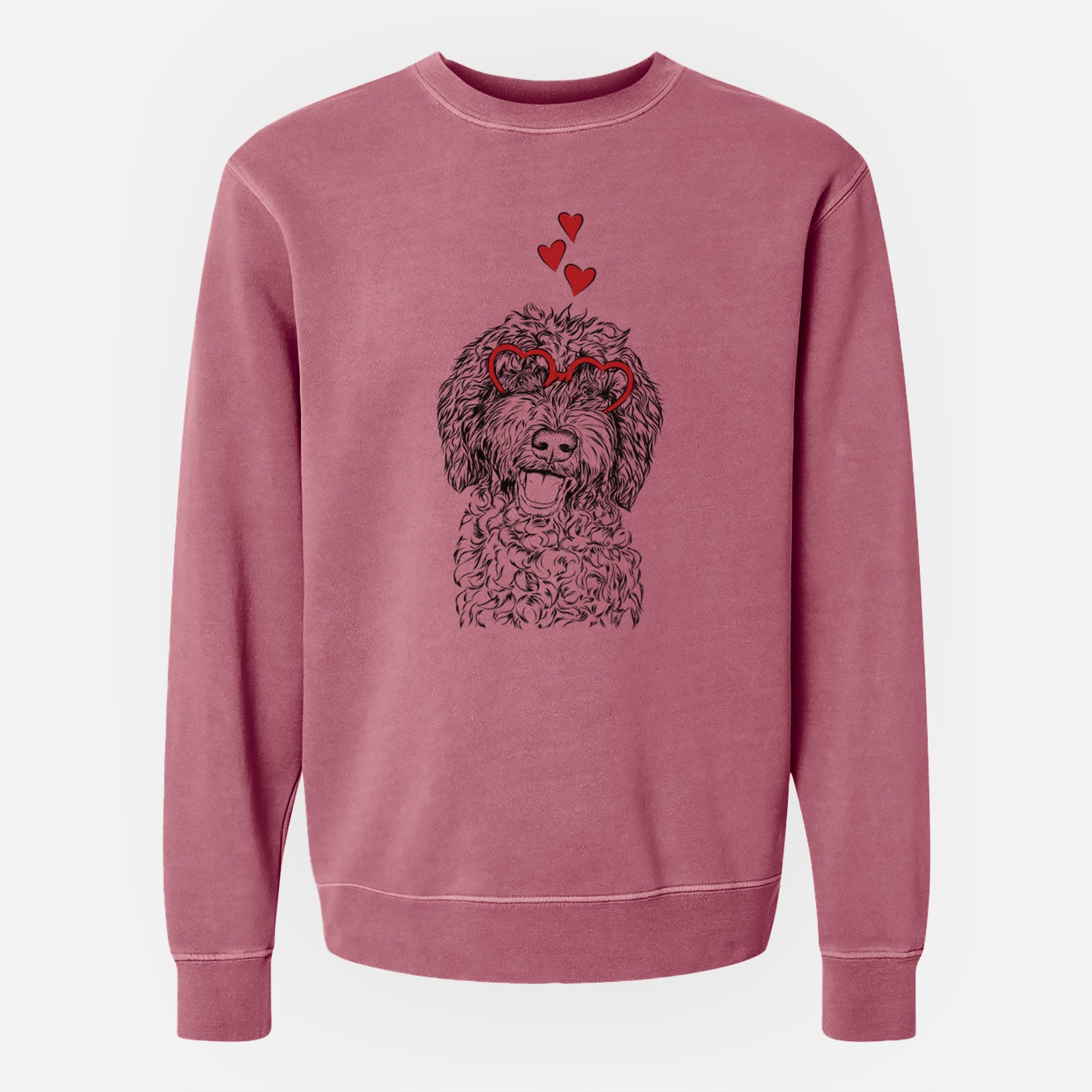 Hand-drawn sketch of Jack the Chocolate Labradoodle wearing heart-shaped glasses on a Maroon Unisex pigment dyed crew sweatshirt