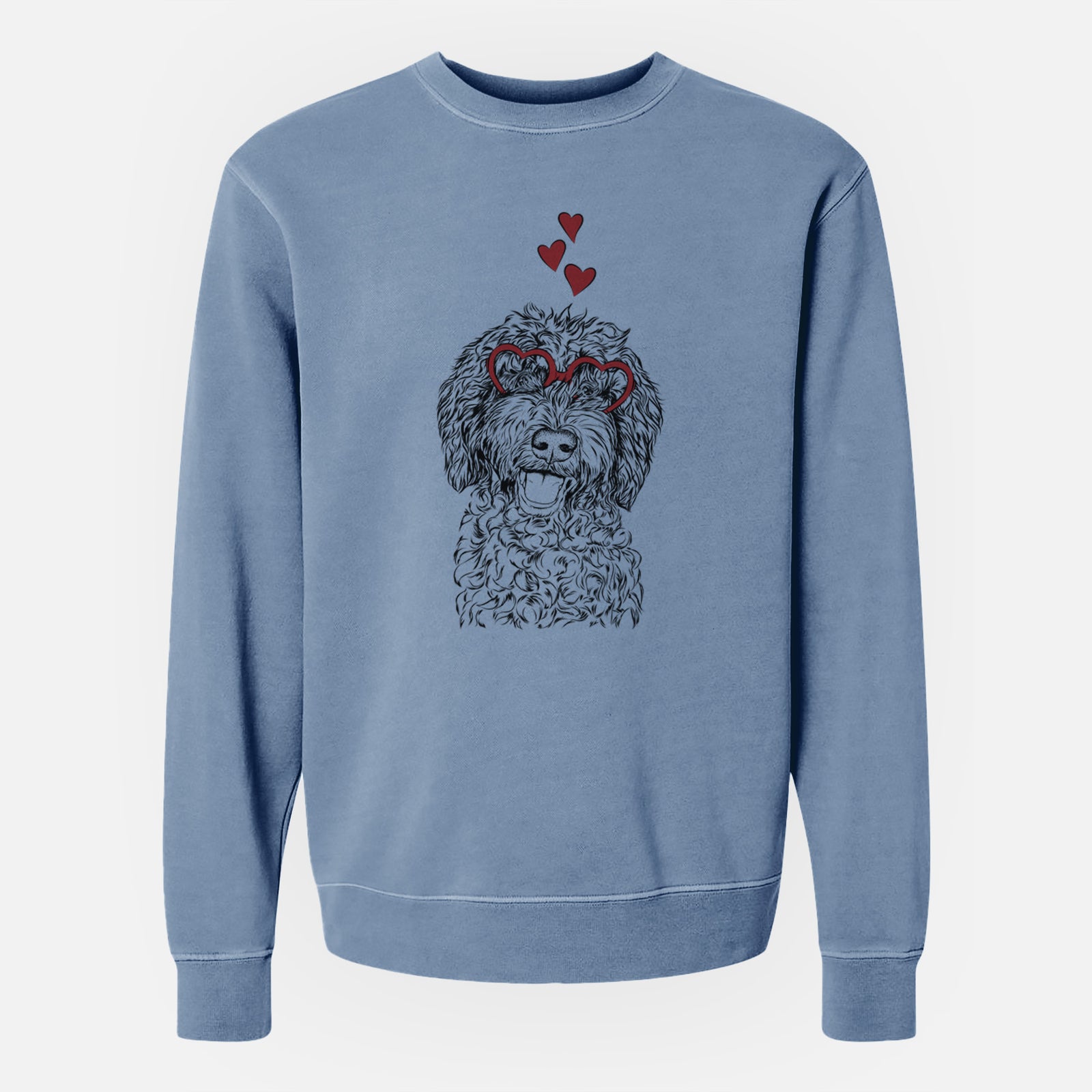 Hand-drawn sketch of Jack the Chocolate Labradoodle wearing heart-shaped glasses on a Slate Blue Unisex pigment dyed crew sweatshirt