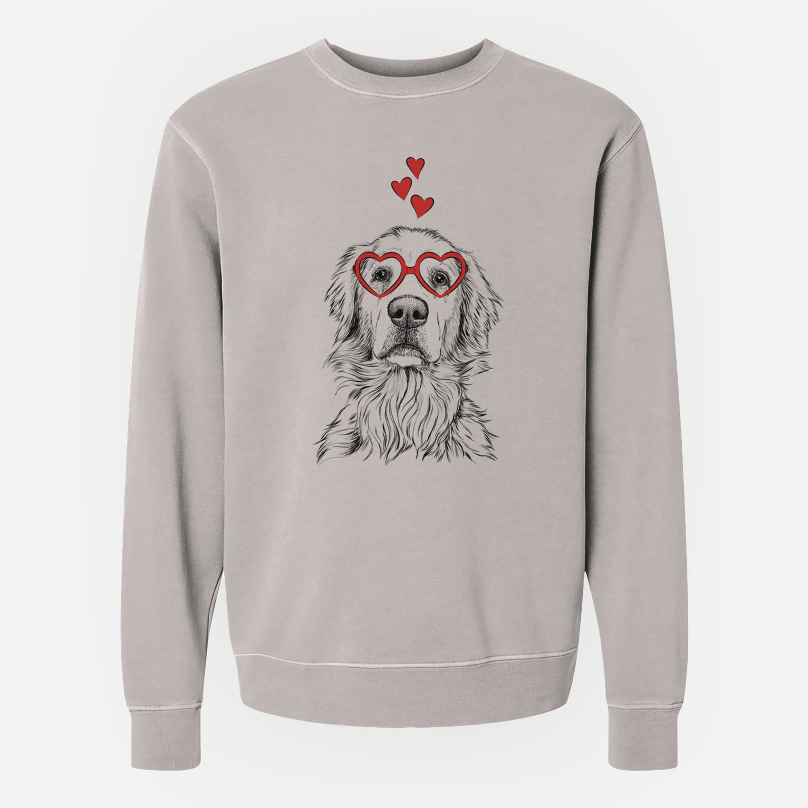 Hand-drawn sketch of Jake aroni the Golden Retriever wearing heart-shaped glasses on a Cement Unisex pigment dyed crew sweatshirt