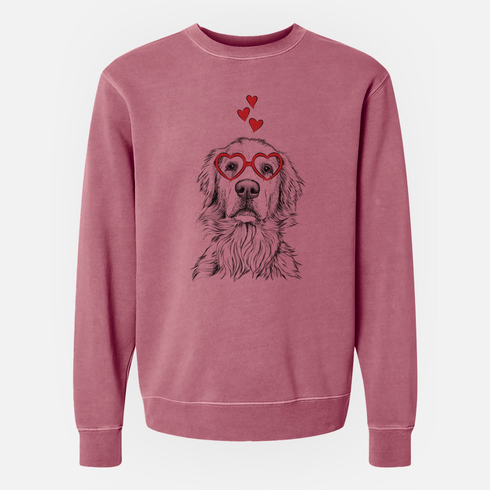 Hand-drawn sketch of Jake aroni the Golden Retriever wearing heart-shaped glasses on a Maroon Unisex pigment dyed crew sweatshirt