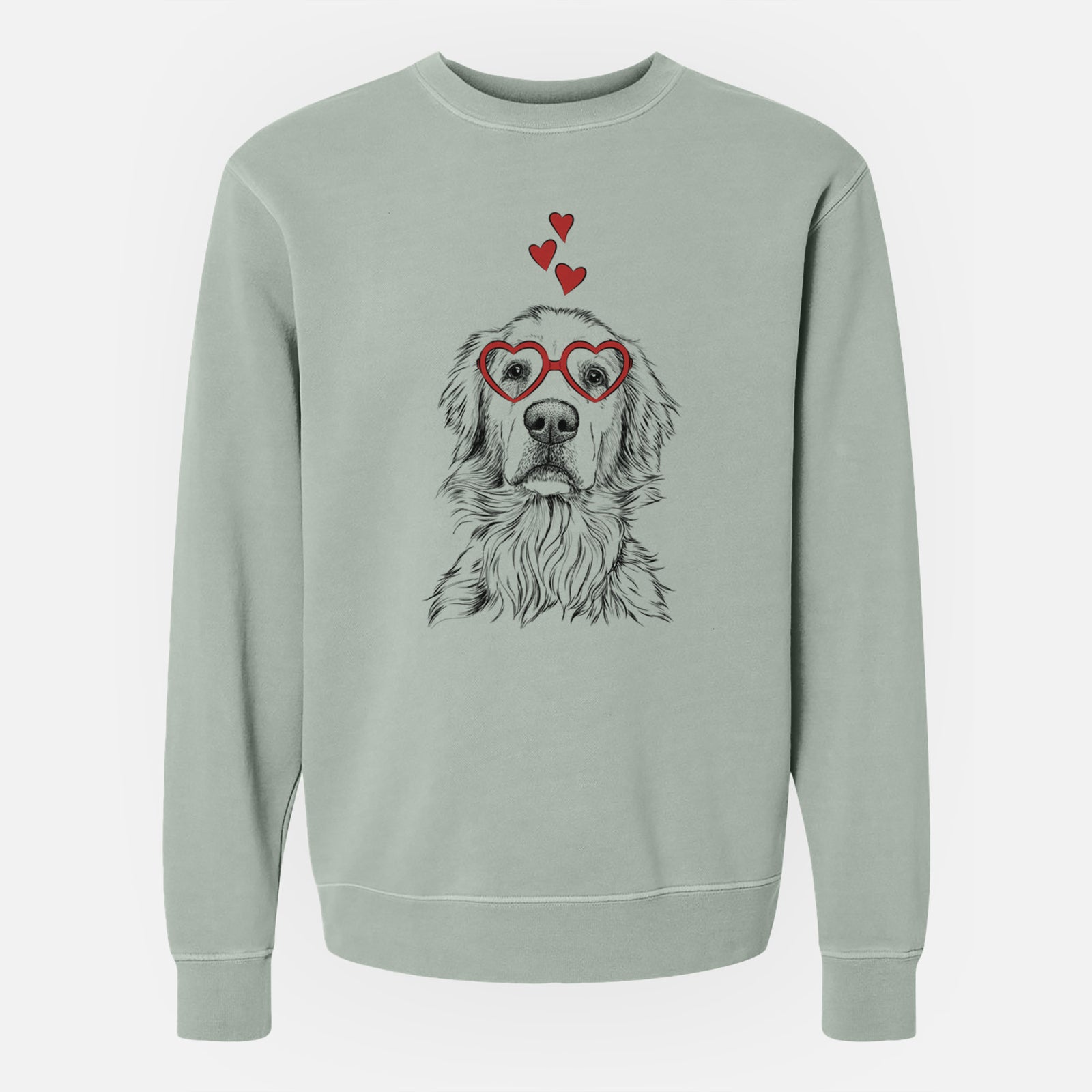 Hand-drawn sketch of Jake aroni the Golden Retriever wearing heart-shaped glasses on a Sage Unisex pigment dyed crew sweatshirt