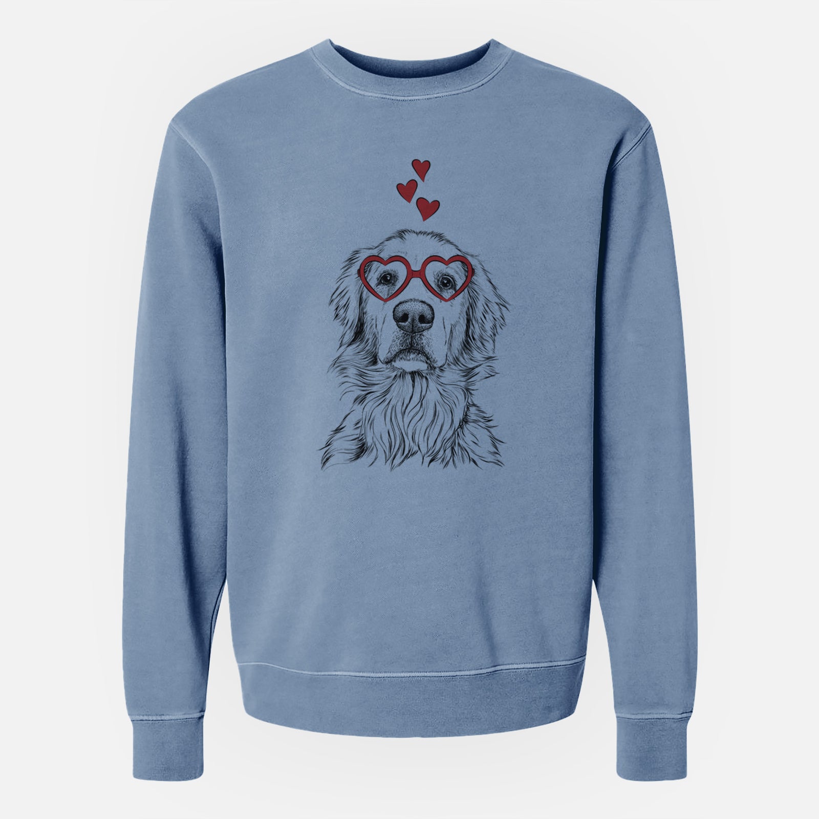 Hand-drawn sketch of Jake aroni the Golden Retriever wearing heart-shaped glasses on a Slate Blue Unisex pigment dyed crew sweatshirt