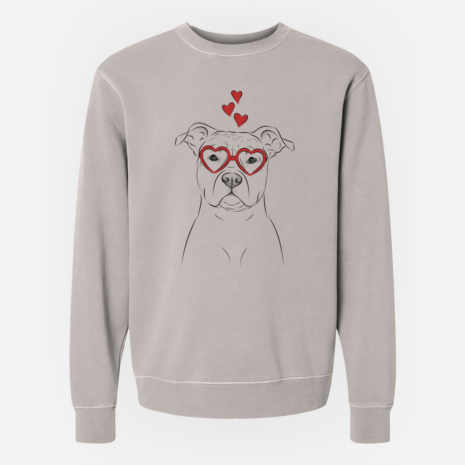 Hand-drawn sketch of Jethro the American Staffordshire Terrier wearing heart-shaped glasses on a Cement Unisex pigment dyed crew sweatshirt
