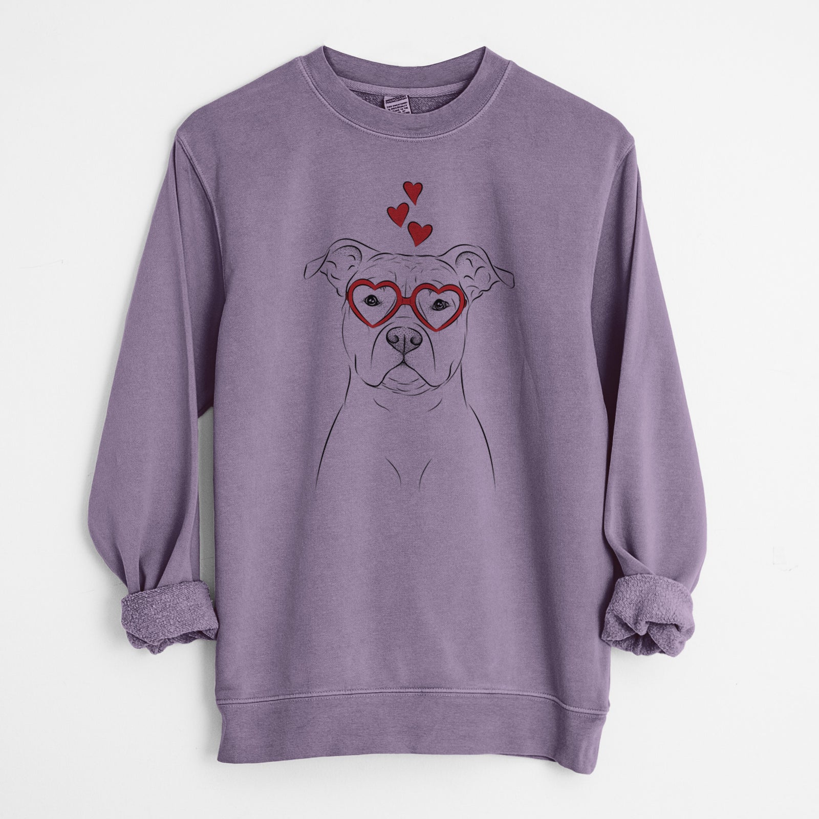 Hand-drawn sketch of Jethro the American Staffordshire Terrier wearing heart-shaped glasses on a Plum Unisex pigment dyed crew sweatshirt