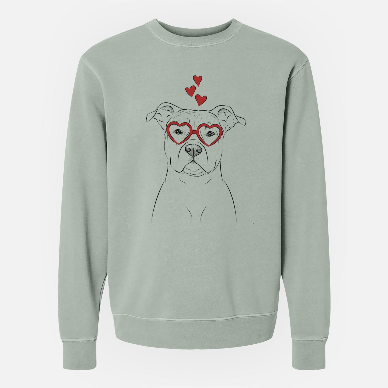 Hand-drawn sketch of Jethro the American Staffordshire Terrier wearing heart-shaped glasses on a Sage Unisex pigment dyed crew sweatshirt