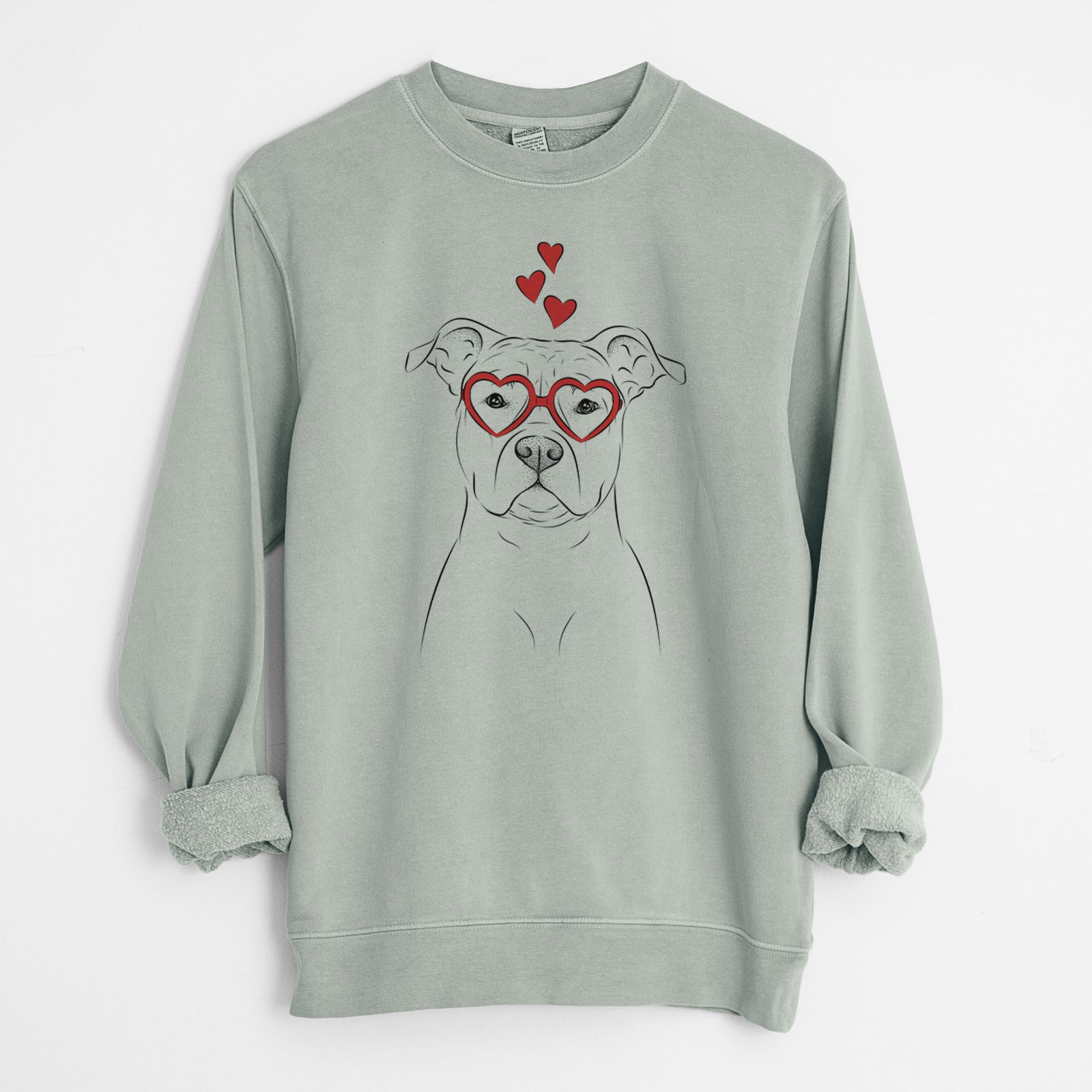 Hand-drawn sketch of Jethro the American Staffordshire Terrier wearing heart-shaped glasses on a Sage Unisex pigment dyed crew sweatshirt
