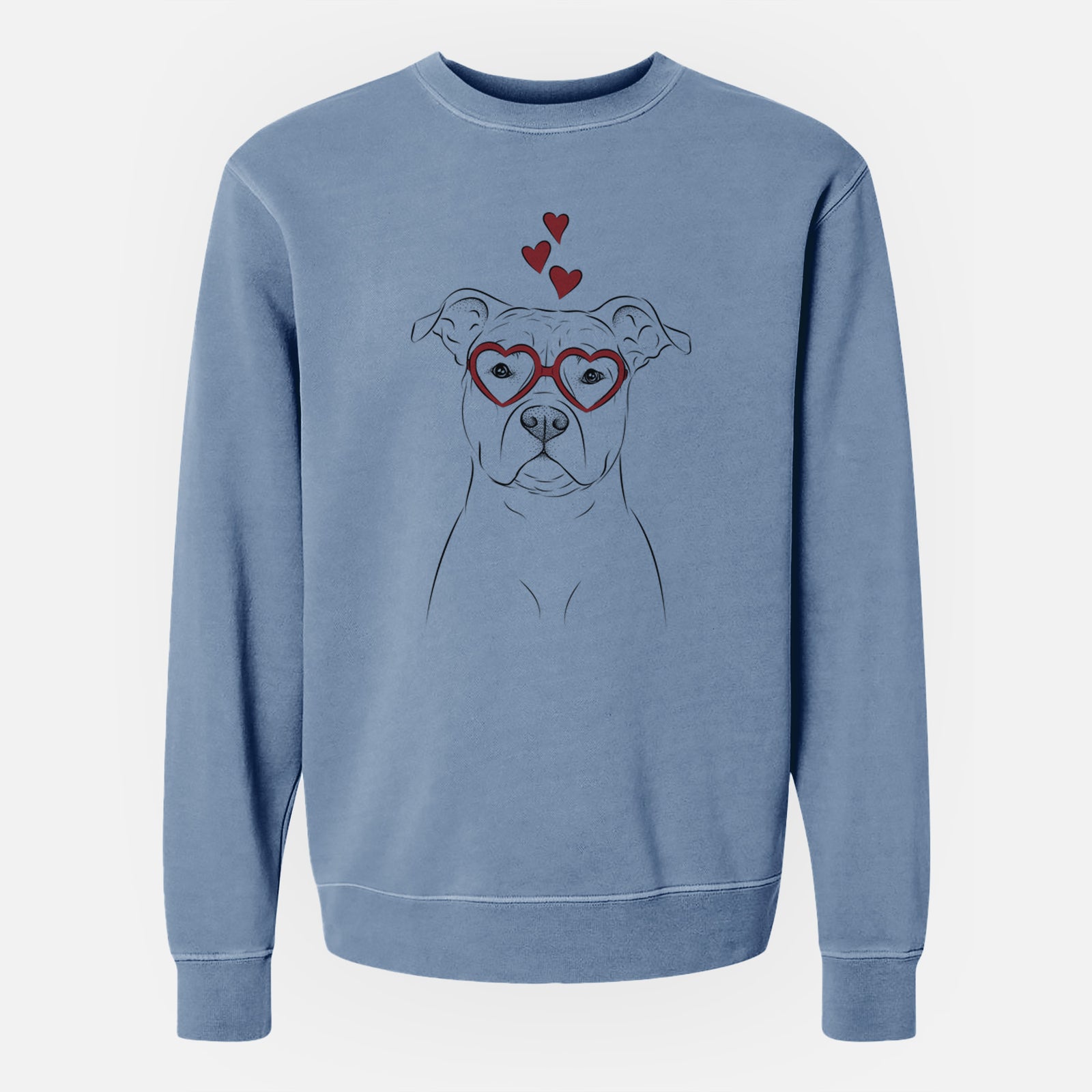 Hand-drawn sketch of Jethro the American Staffordshire Terrier wearing heart-shaped glasses on a Slate Blue Unisex pigment dyed crew sweatshirt