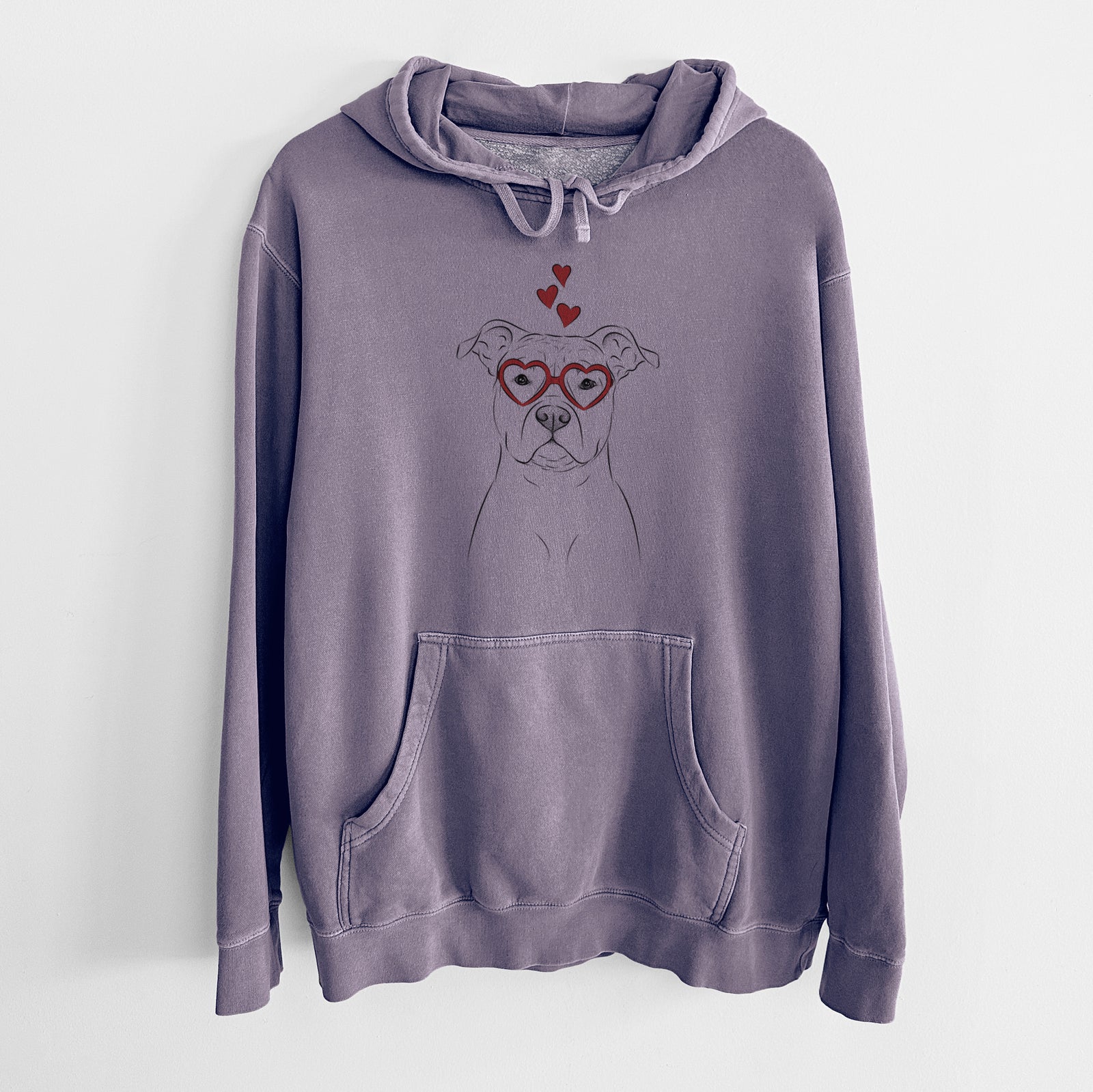 Hand-drawn sketch of Jethro the American Staffordshire Terrier wearing heart-shaped glasses on a Plum Unisex pigment dyed hoodie