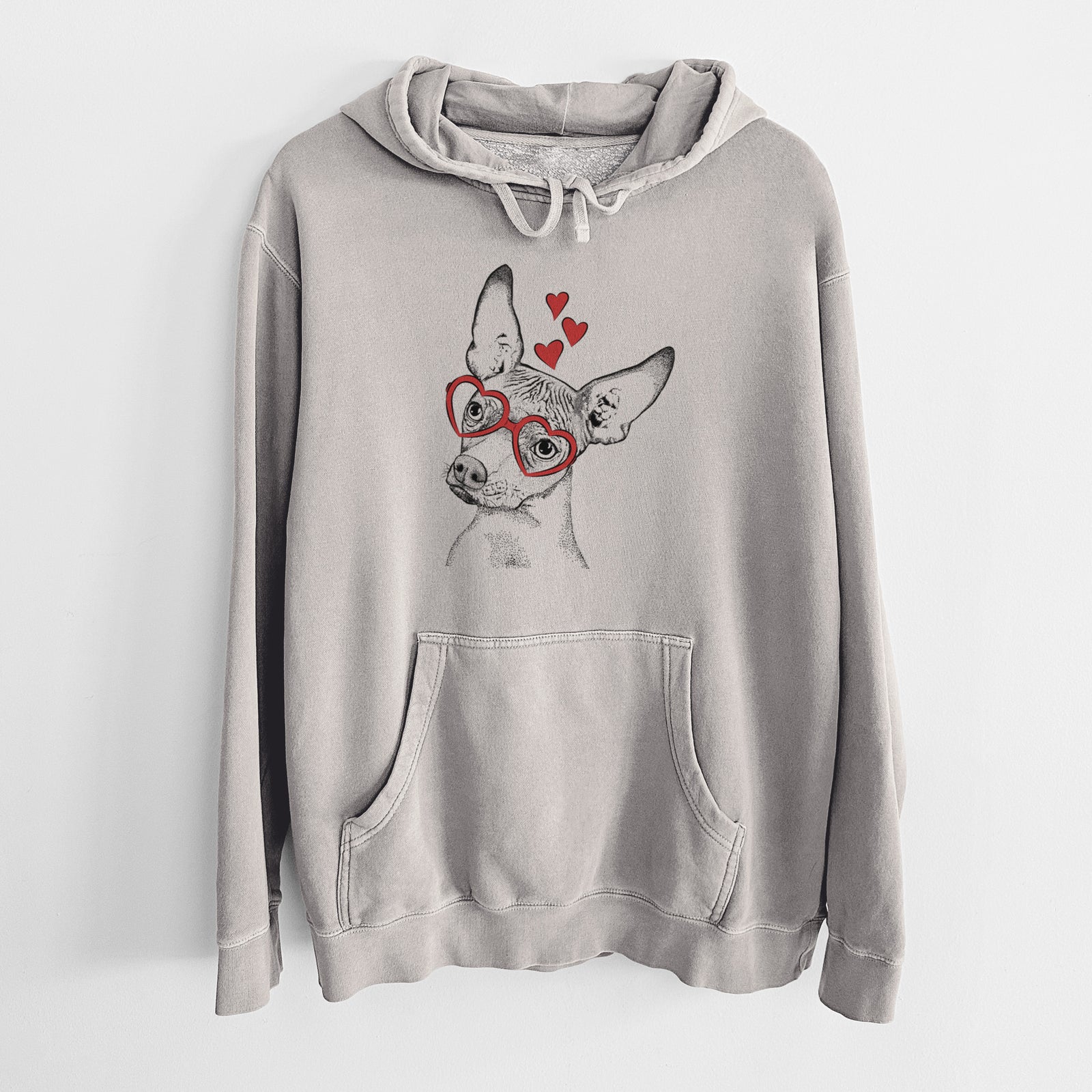 Hand-drawn sketch of Kahlo the Xoloitzcuintli wearing heart-shaped glasses on a Cement Unisex pigment dyed hoodie