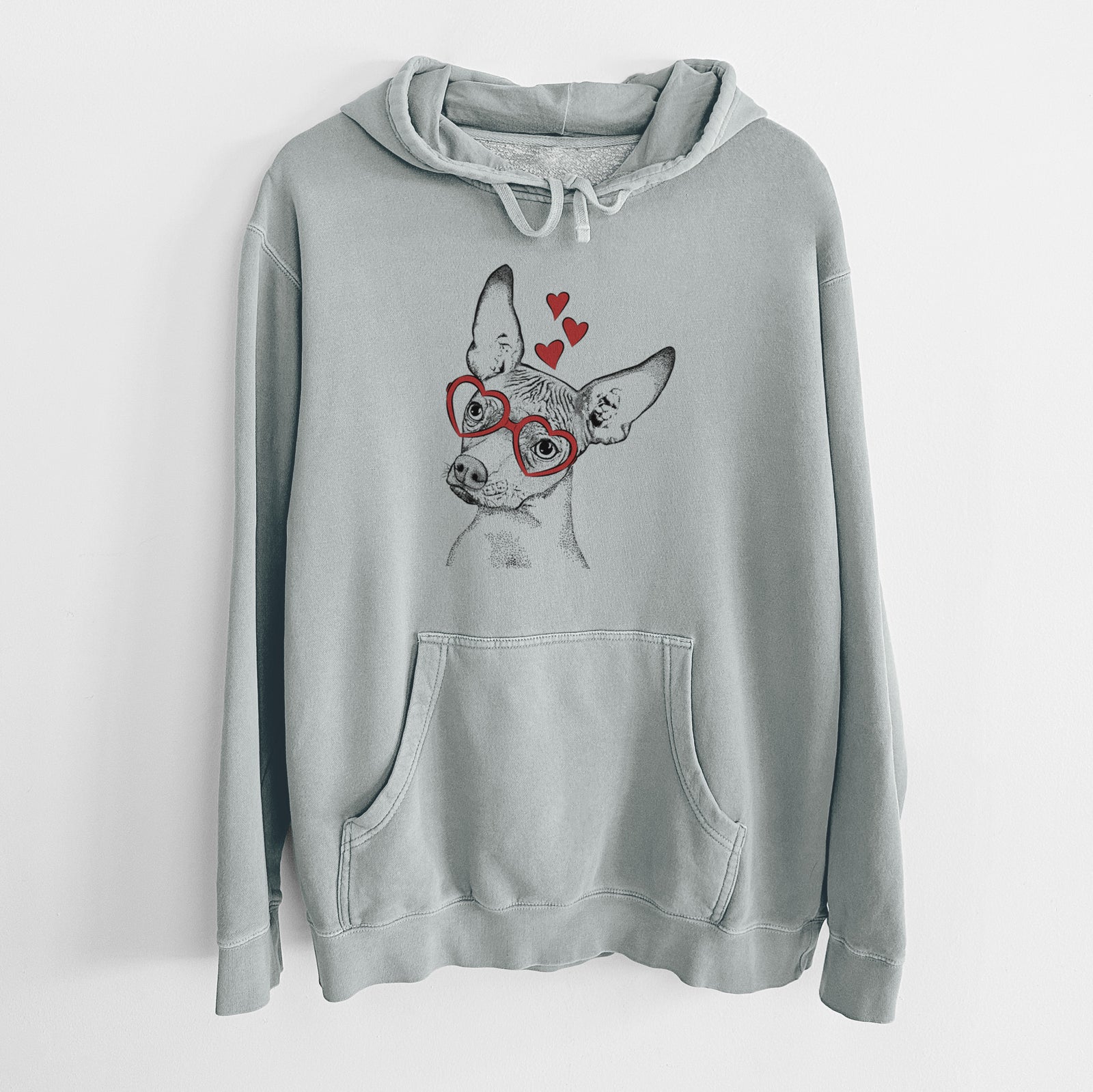 Hand-drawn sketch of Kahlo the Xoloitzcuintli wearing heart-shaped glasses on a Sage Unisex pigment dyed hoodie