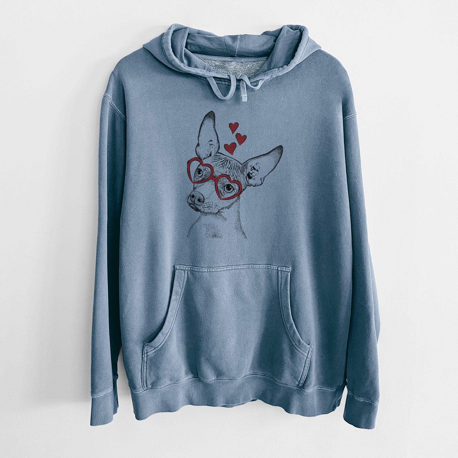 Hand-drawn sketch of Kahlo the Xoloitzcuintli wearing heart-shaped glasses on a Slate Blue Unisex pigment dyed hoodie