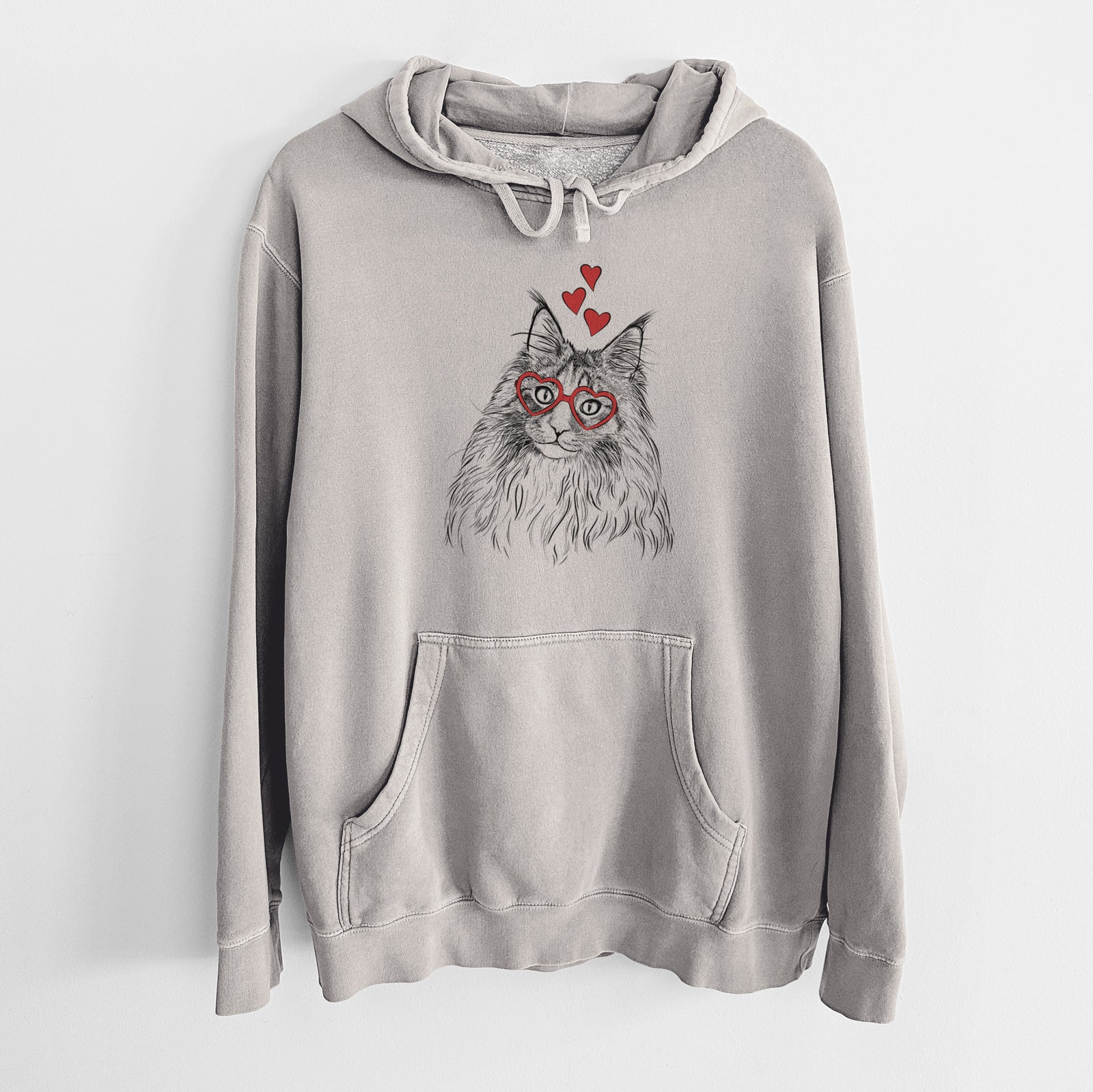 Hand-drawn sketch of Kiki the Maine Coon Cat wearing heart-shaped glasses on a Cement Unisex pigment dyed hoodie