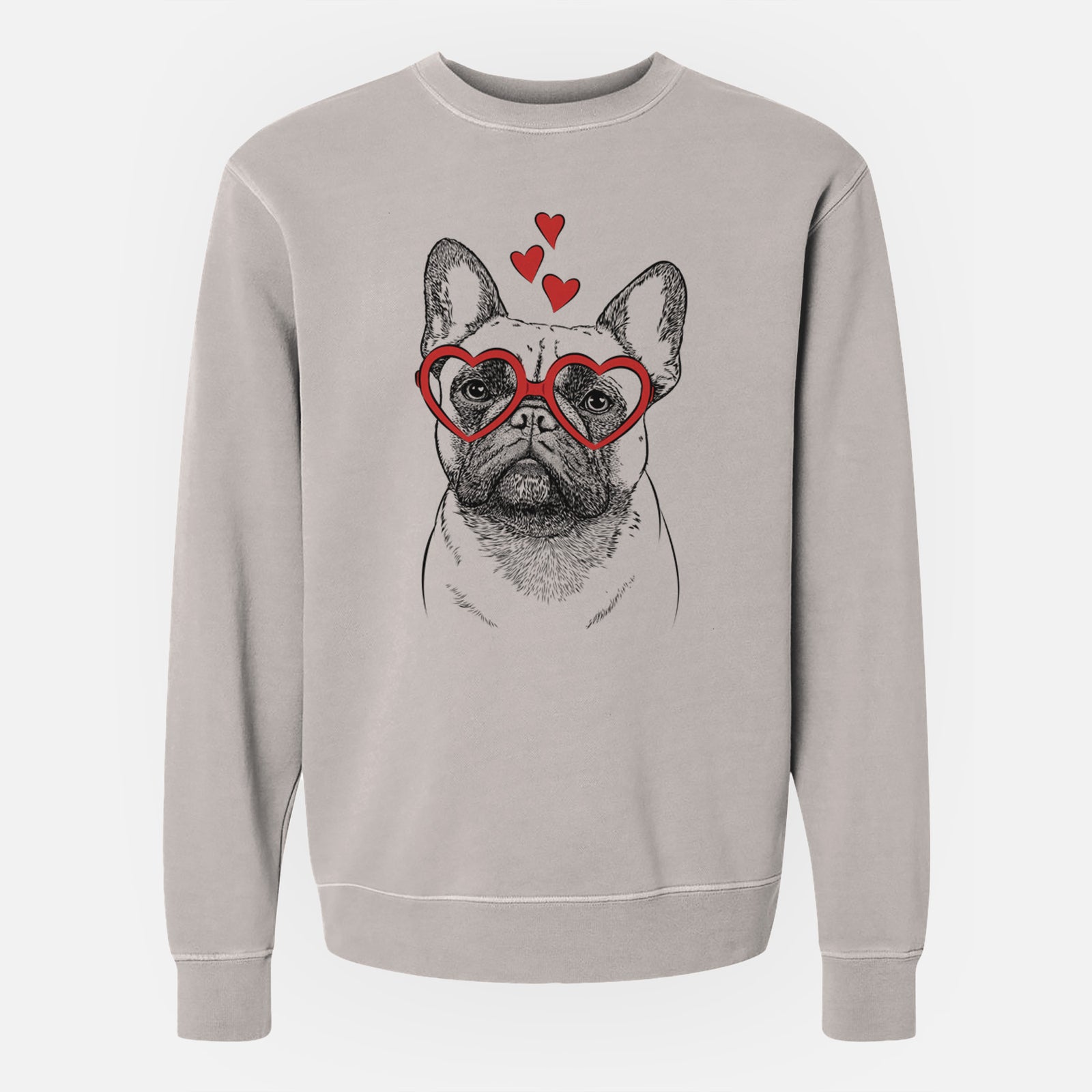 Hand-drawn sketch of Kingsleigh the French Bulldog wearing heart-shaped glasses on a Cement Unisex pigment dyed crew sweatshirt
