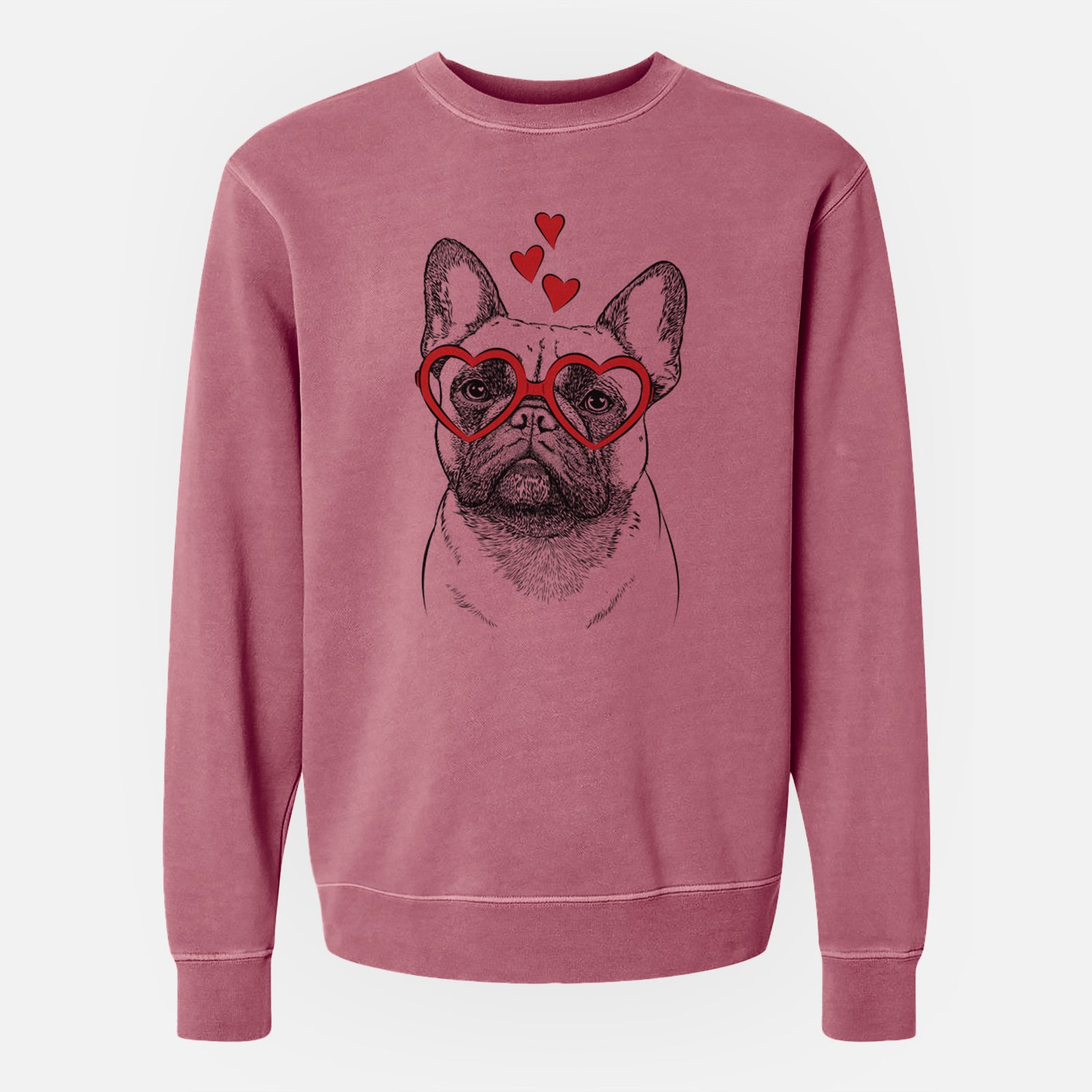 Hand-drawn sketch of Kingsleigh the French Bulldog wearing heart-shaped glasses on a Maroon Unisex pigment dyed crew sweatshirt