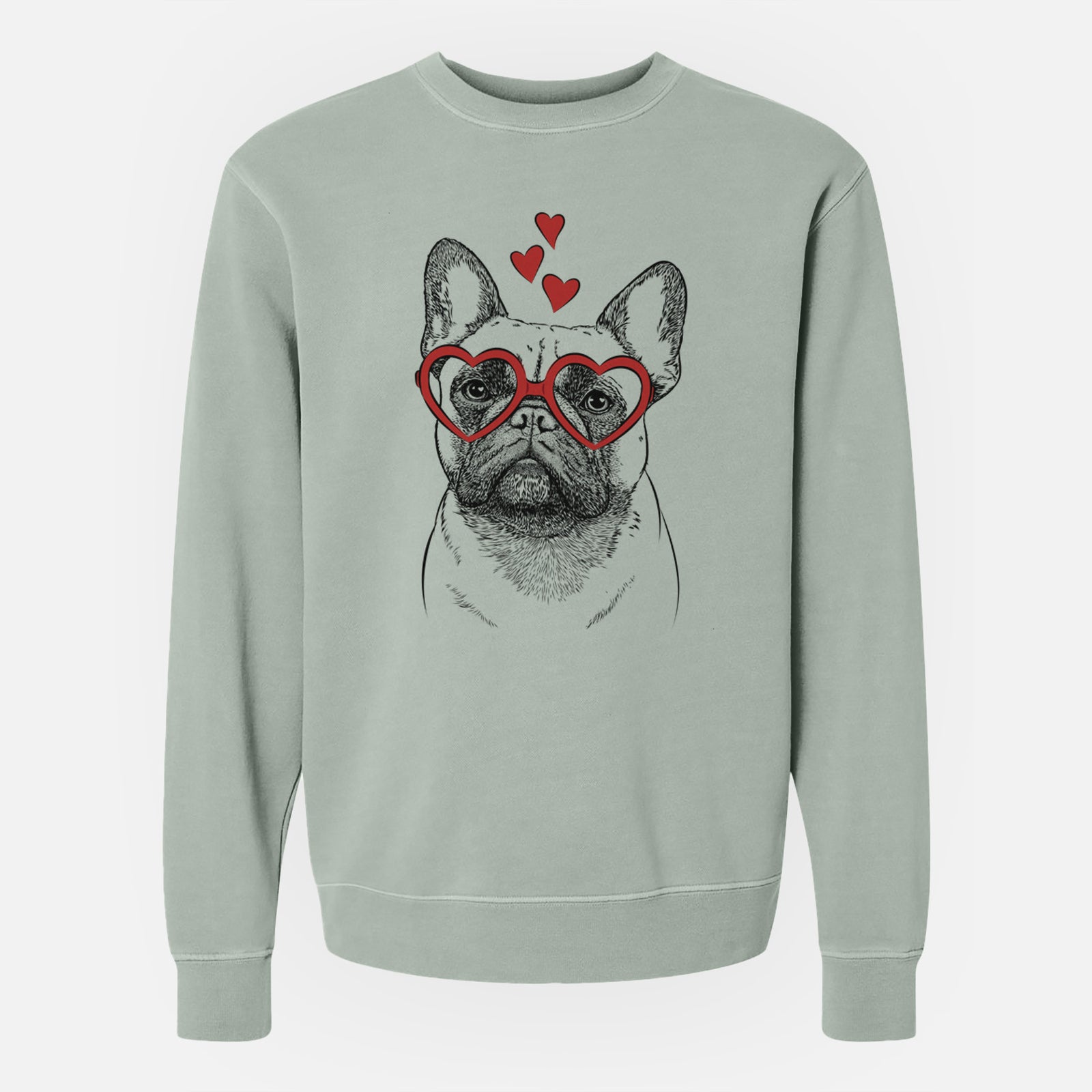 Hand-drawn sketch of Kingsleigh the French Bulldog wearing heart-shaped glasses on a Sage Unisex pigment dyed crew sweatshirt