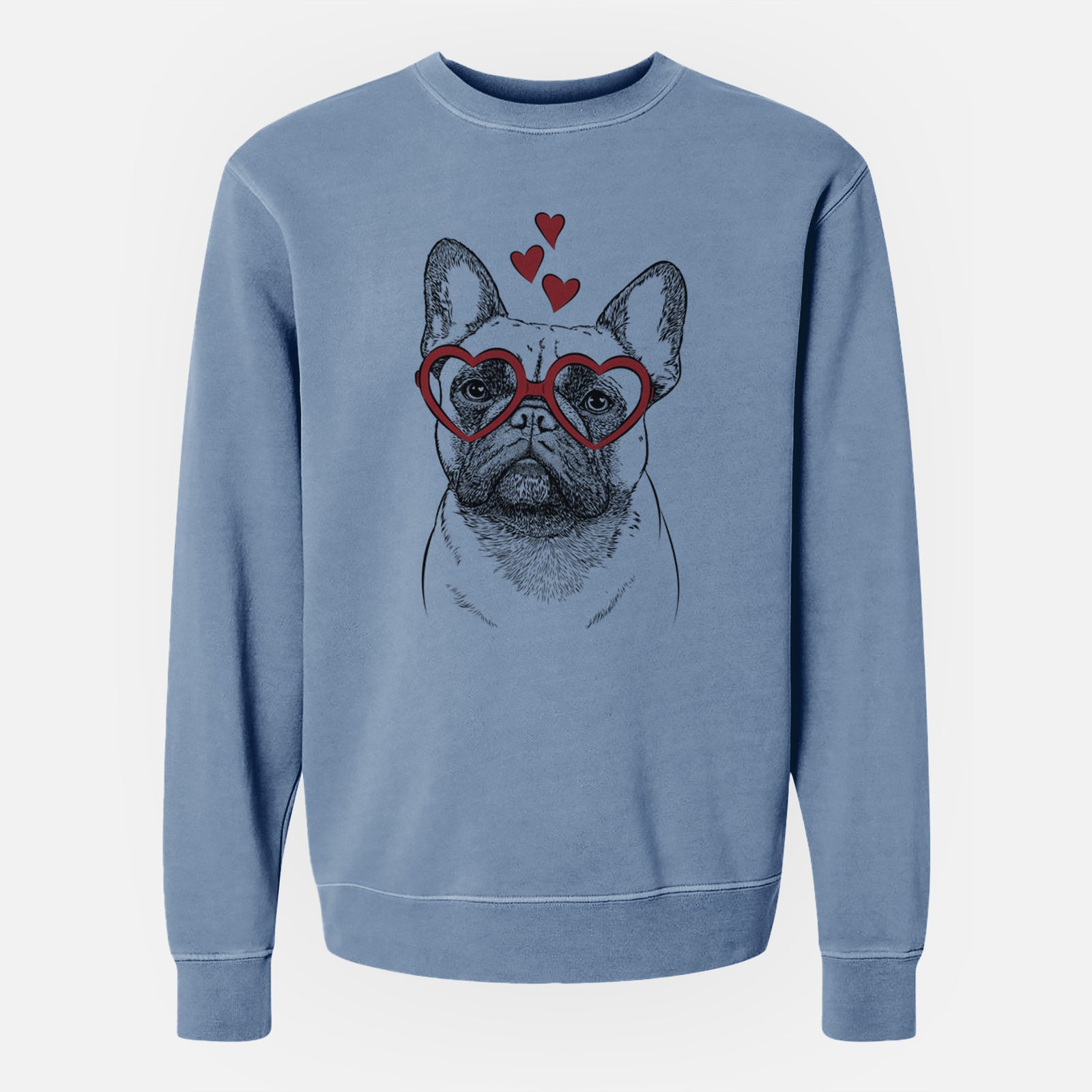 Hand-drawn sketch of Kingsleigh the French Bulldog wearing heart-shaped glasses on a Slate Blue Unisex pigment dyed crew sweatshirt