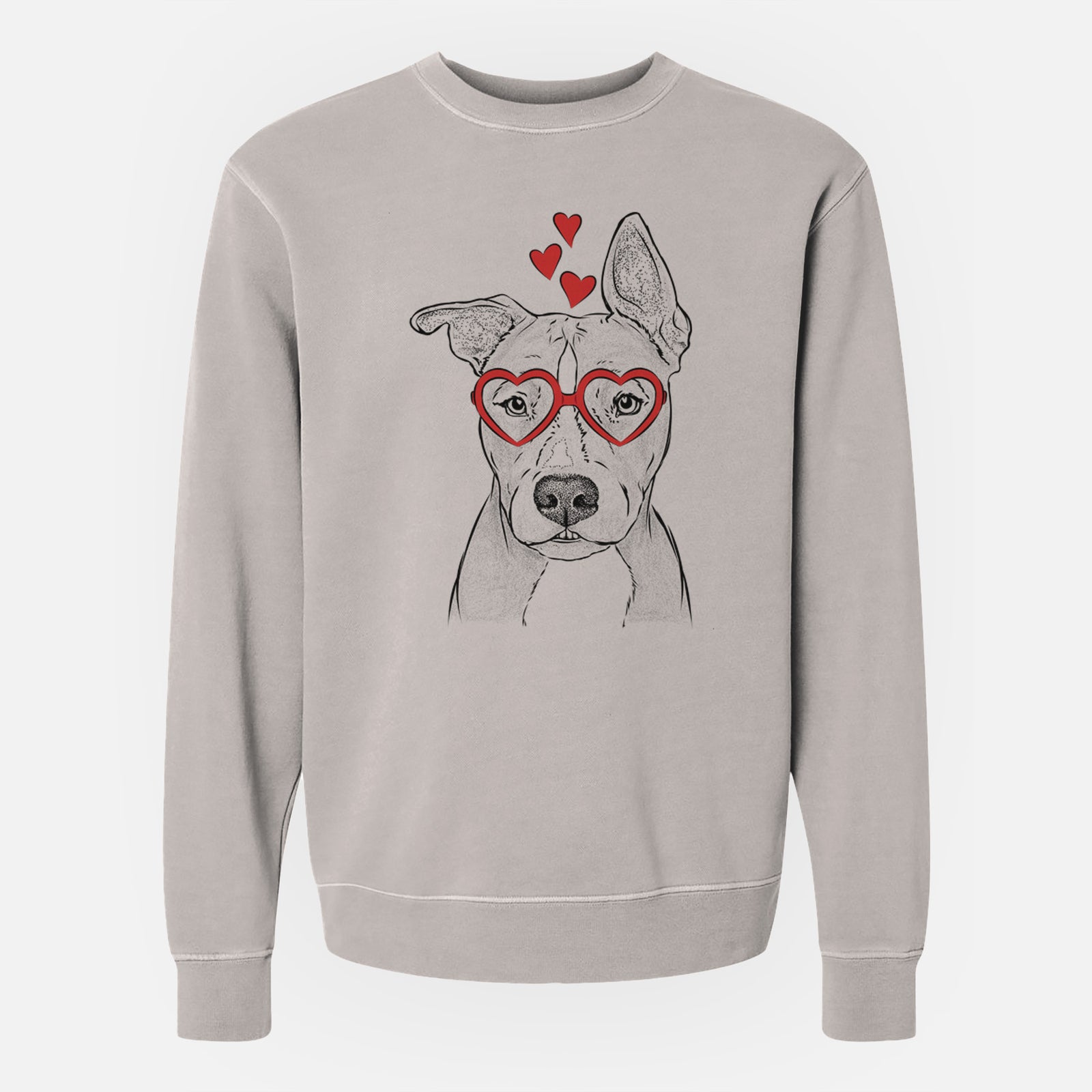 Hand-drawn sketch of Kisses the Pitbull wearing heart-shaped glasses on a Cement Unisex pigment dyed crew sweatshirt