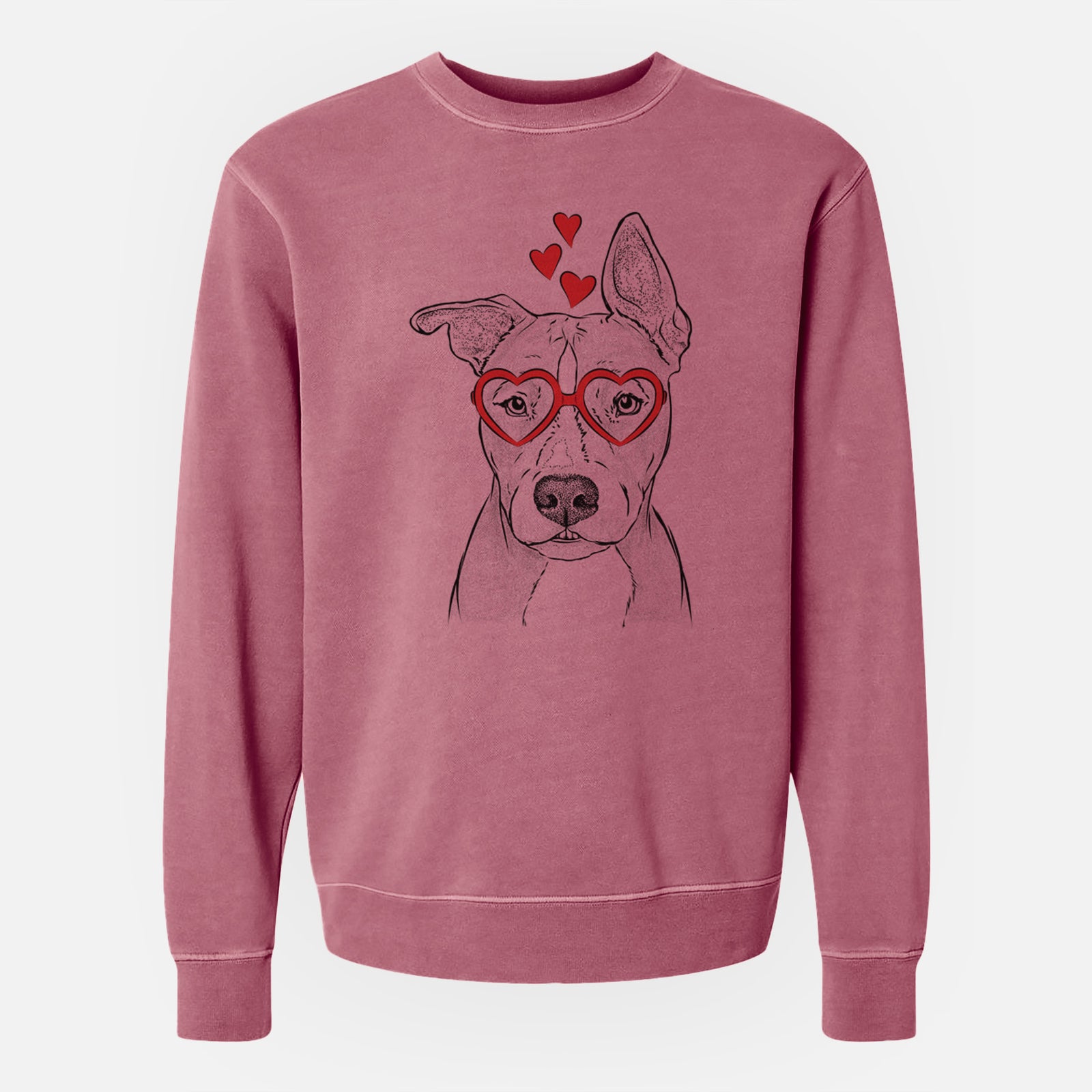 Hand-drawn sketch of Kisses the Pitbull wearing heart-shaped glasses on a Maroon Unisex pigment dyed crew sweatshirt