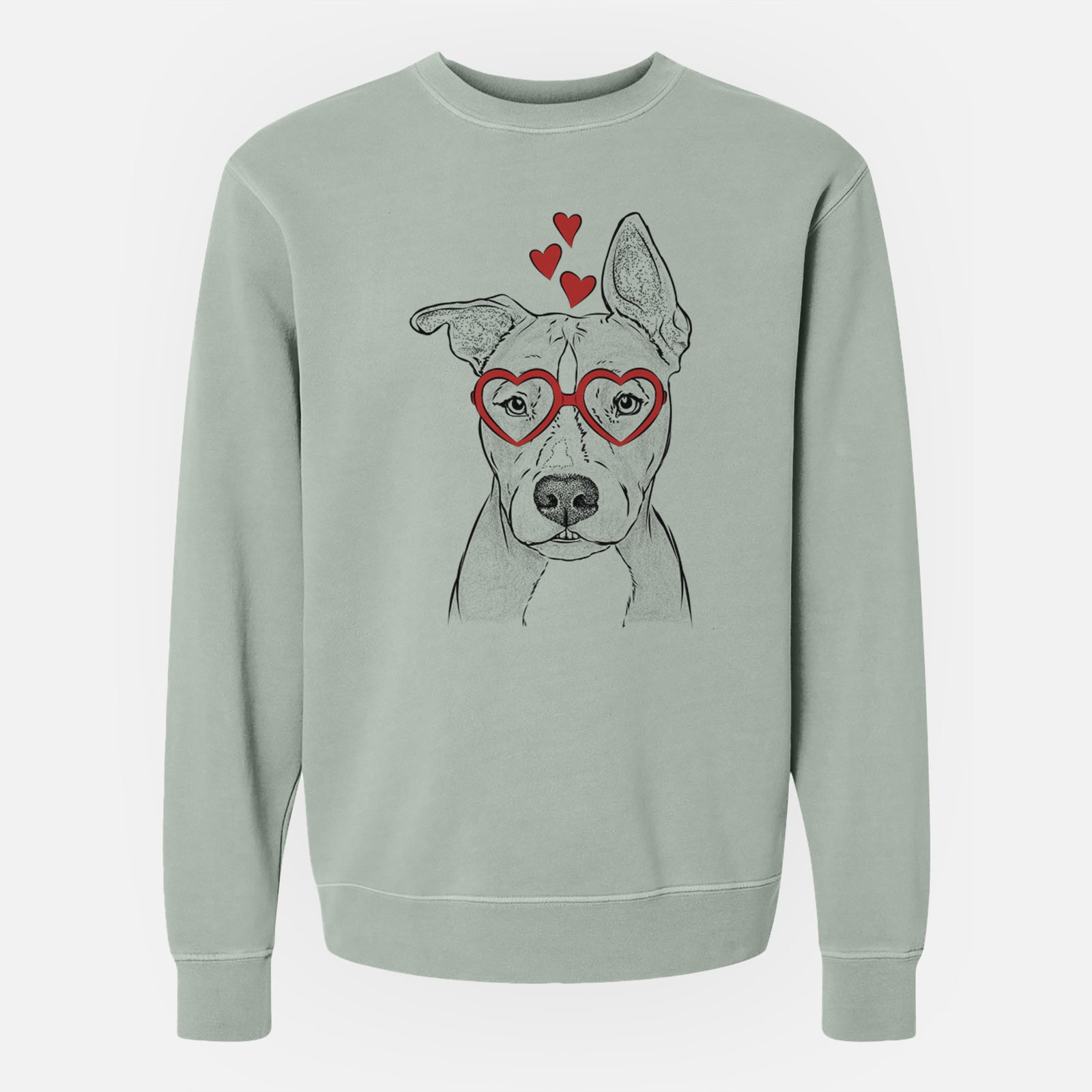 Hand-drawn sketch of Kisses the Pitbull wearing heart-shaped glasses on a Sage Unisex pigment dyed crew sweatshirt