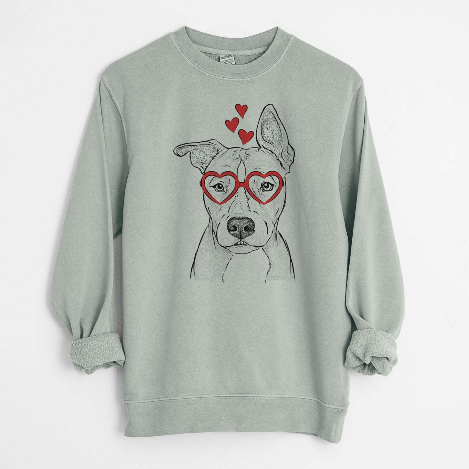 Hand-drawn sketch of Kisses the Pitbull wearing heart-shaped glasses on a Sage Unisex pigment dyed crew sweatshirt