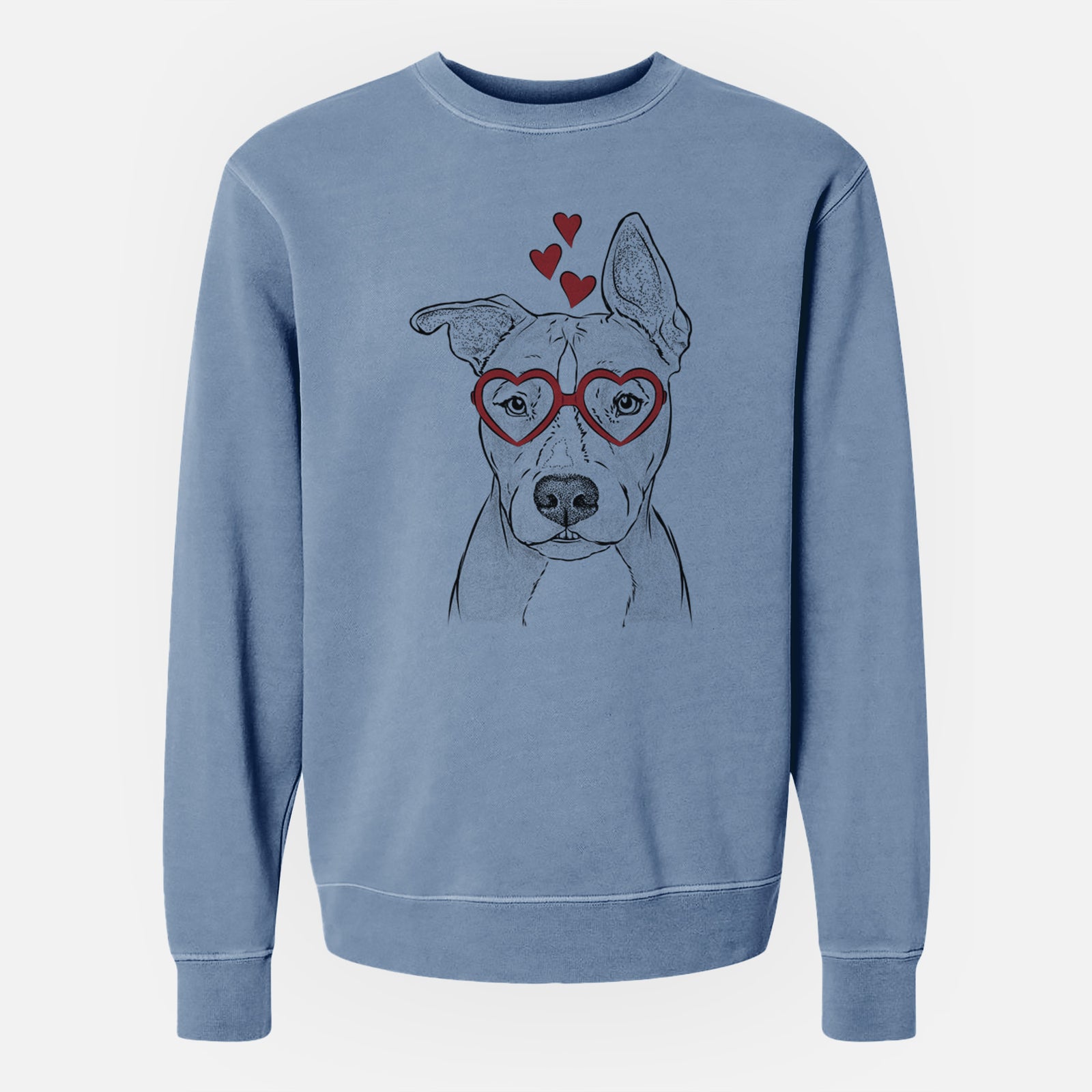 Hand-drawn sketch of Kisses the Pitbull wearing heart-shaped glasses on a Slate Blue Unisex pigment dyed crew sweatshirt
