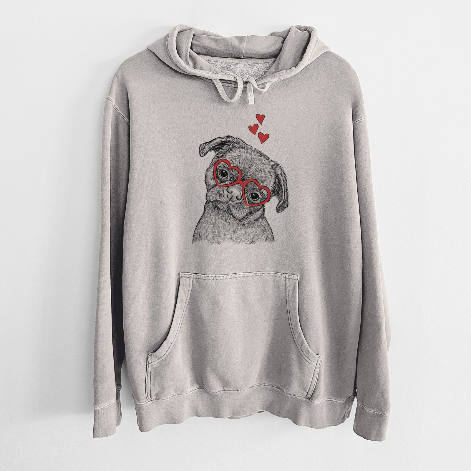 Hand-drawn sketch of Koko the Shih Tzu wearing heart-shaped glasses on a Cement Unisex pigment dyed hoodie