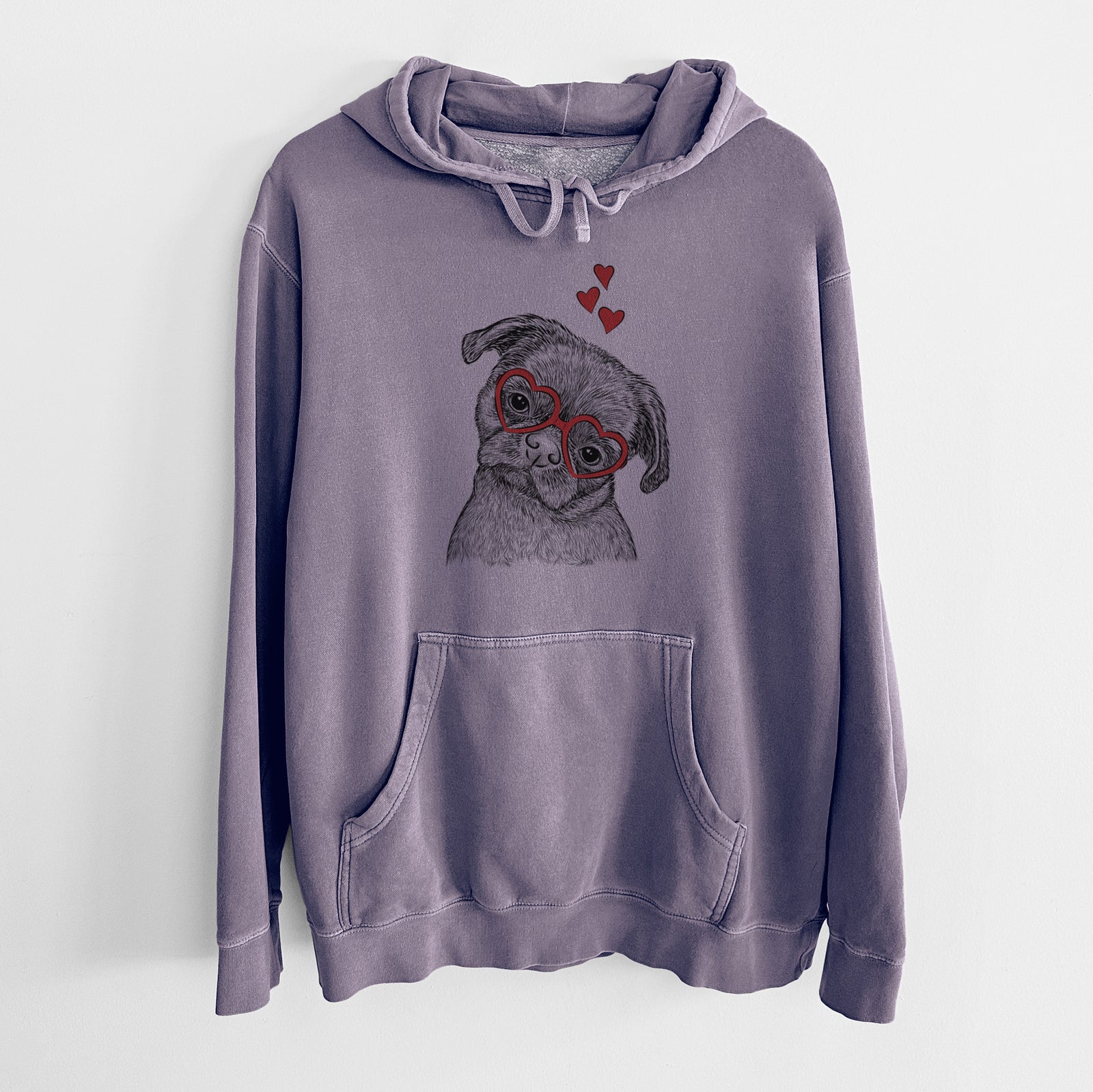 Hand-drawn sketch of Koko the Shih Tzu wearing heart-shaped glasses on a Plum Unisex pigment dyed hoodie