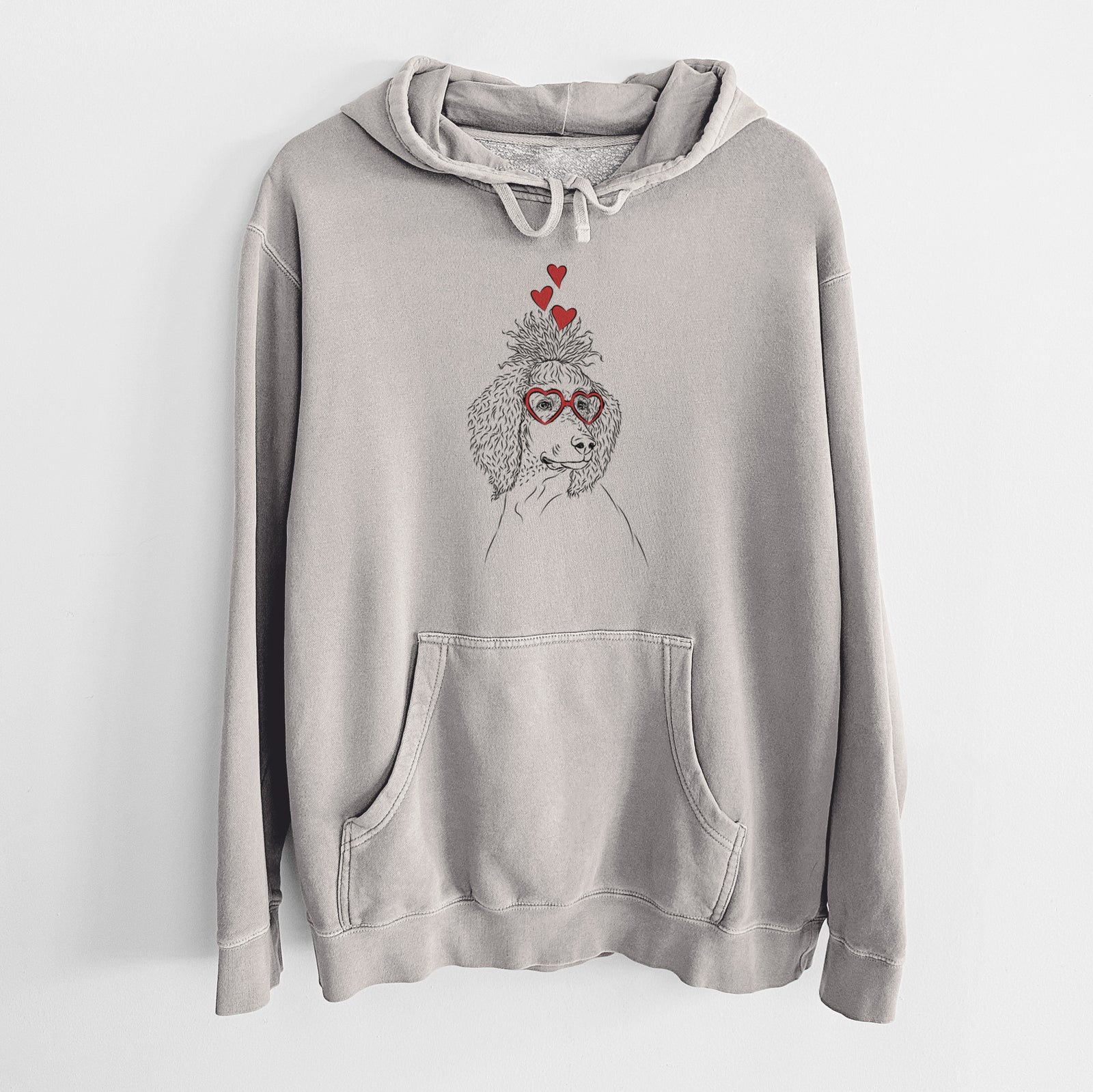Hand-drawn sketch of Leo the Poodle wearing heart-shaped glasses on a Cement Unisex pigment dyed hoodie