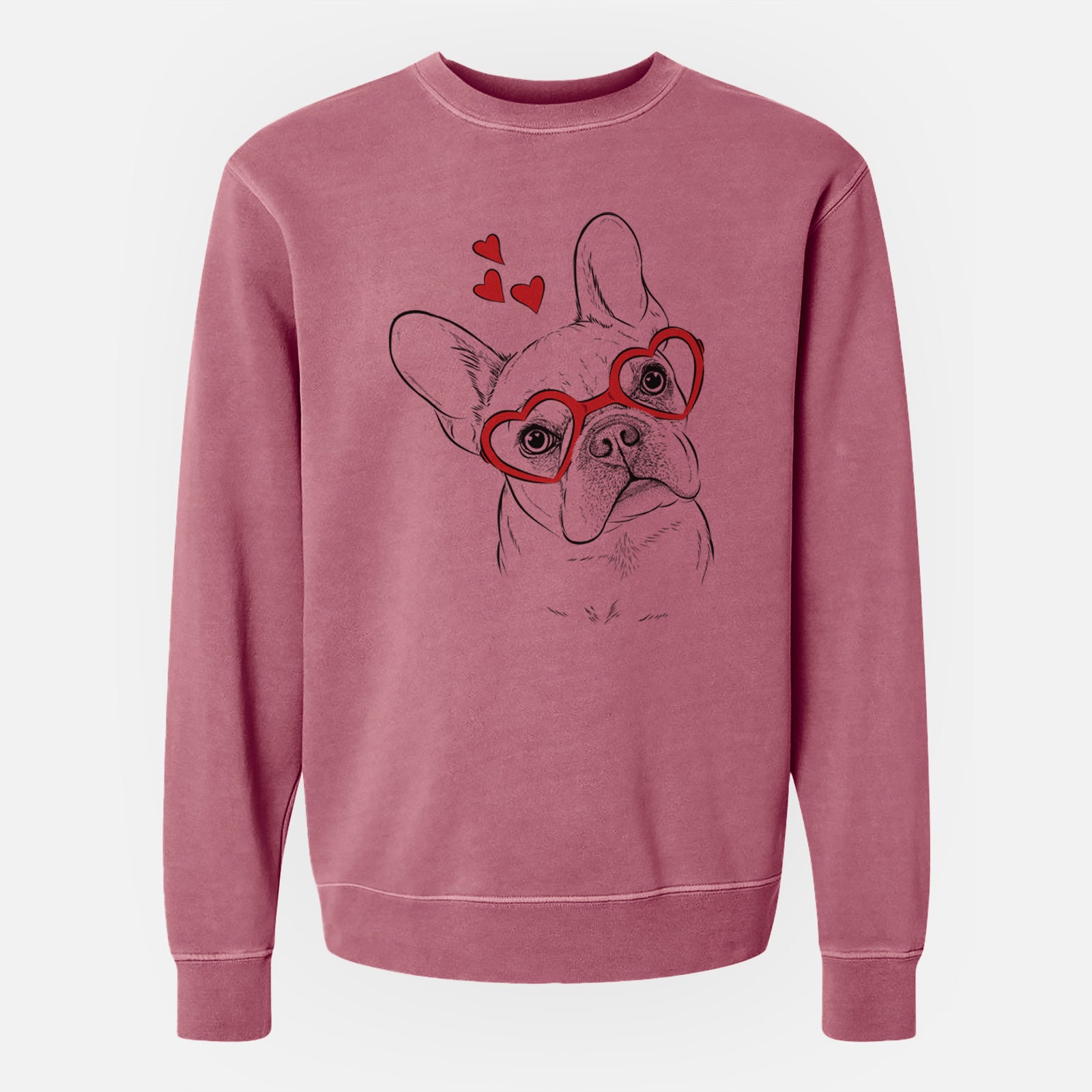 Hand-drawn sketch of Loki the French Bulldog wearing heart-shaped glasses on a Maroon Unisex pigment dyed crew sweatshirt