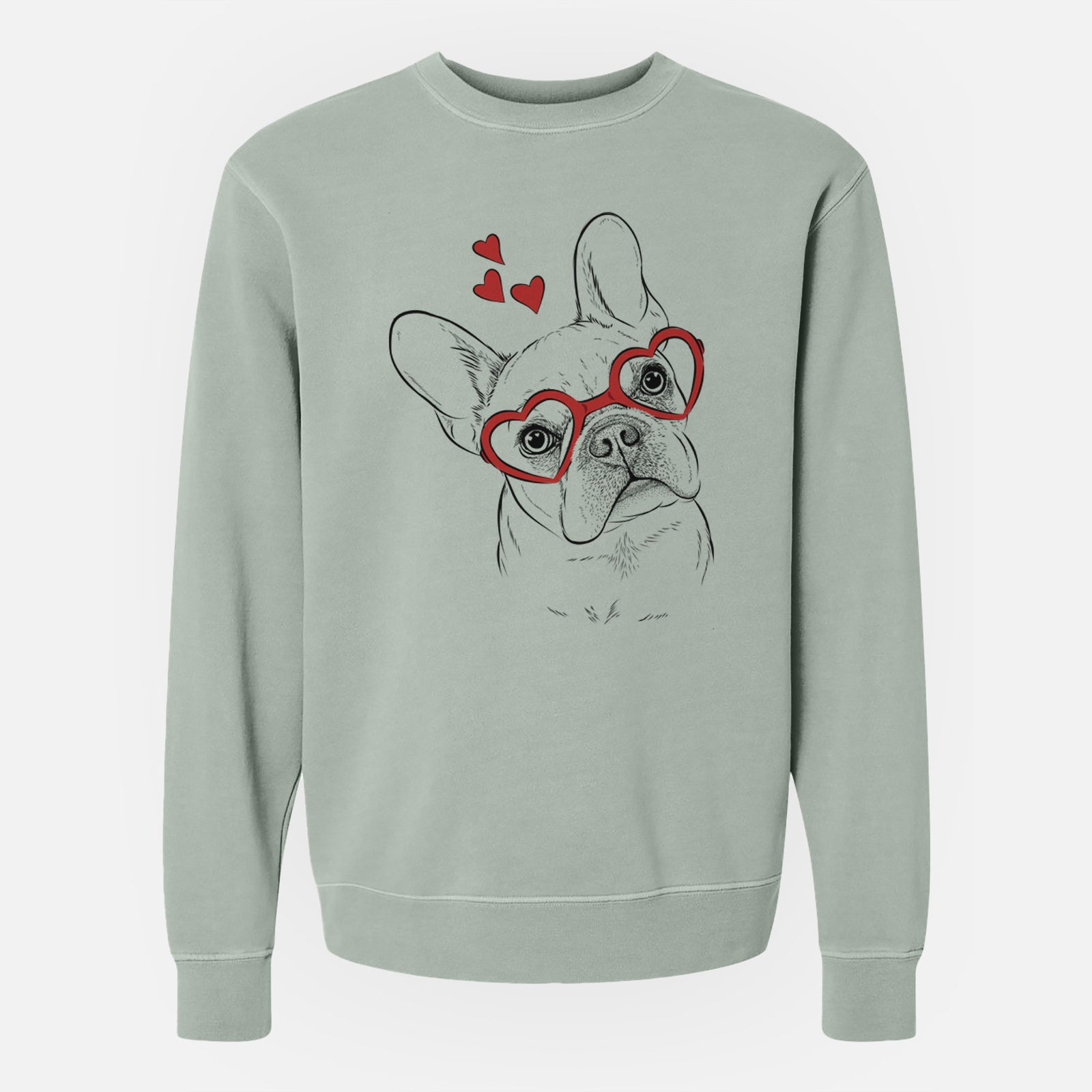 Hand-drawn sketch of Loki the French Bulldog wearing heart-shaped glasses on a Sage Unisex pigment dyed crew sweatshirt