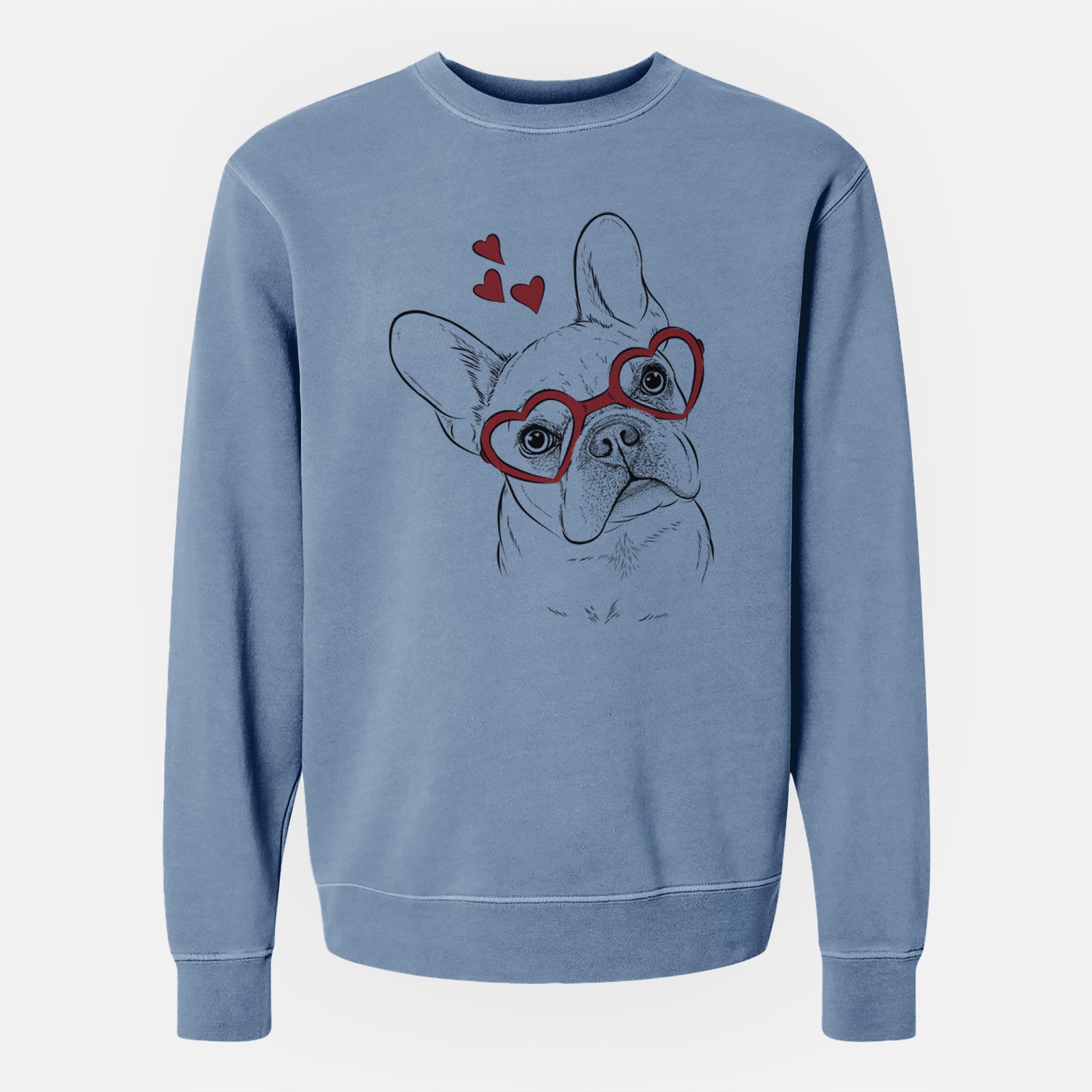 Hand-drawn sketch of Loki the French Bulldog wearing heart-shaped glasses on a Slate Blue Unisex pigment dyed crew sweatshirt