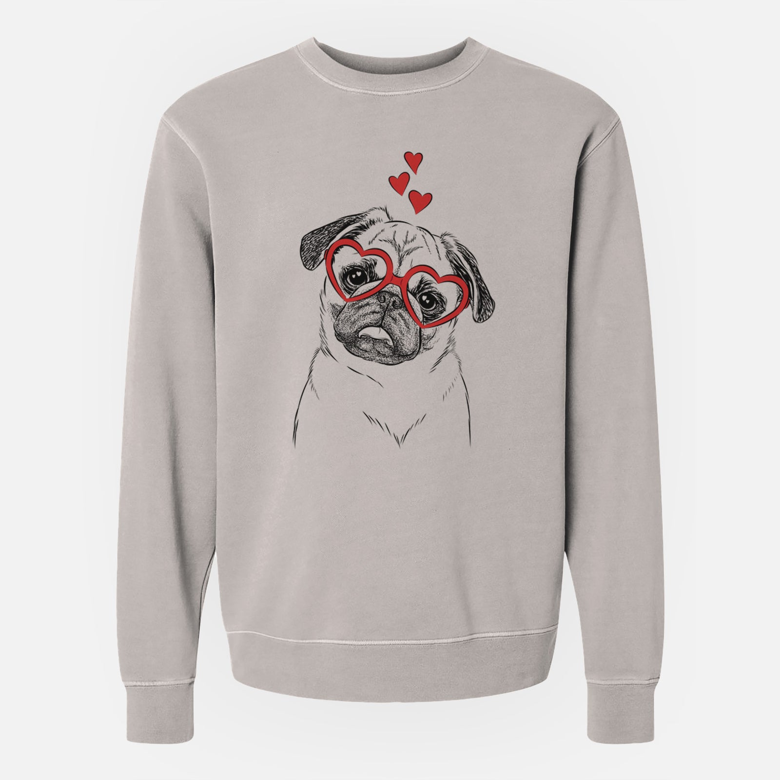 Hand-drawn sketch of Macy the Pug wearing heart-shaped glasses on a Cement Unisex pigment dyed crew sweatshirt