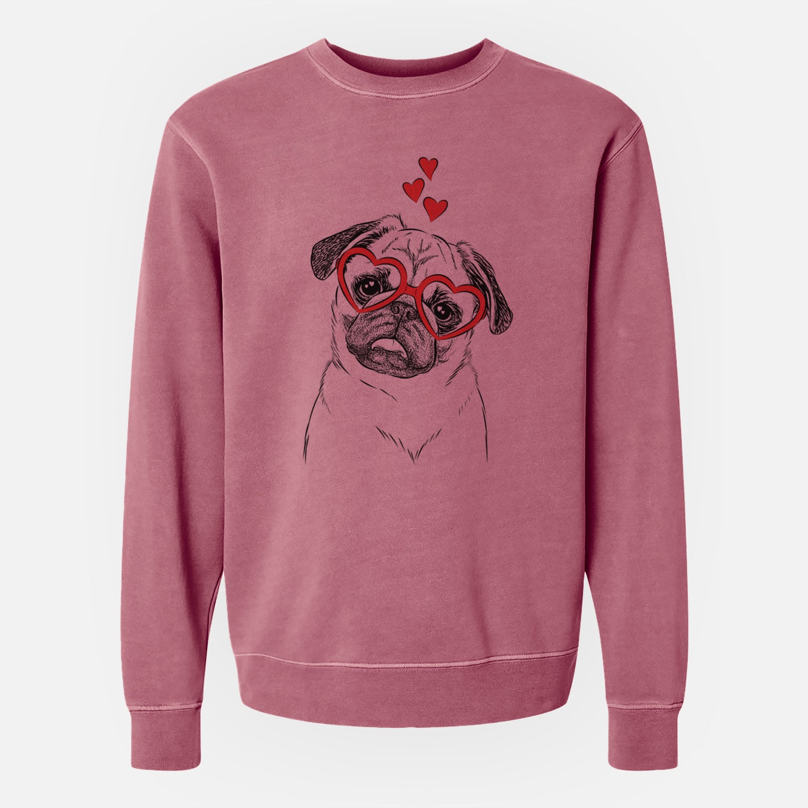 Hand-drawn sketch of Macy the Pug wearing heart-shaped glasses on a Maroon Unisex pigment dyed crew sweatshirt