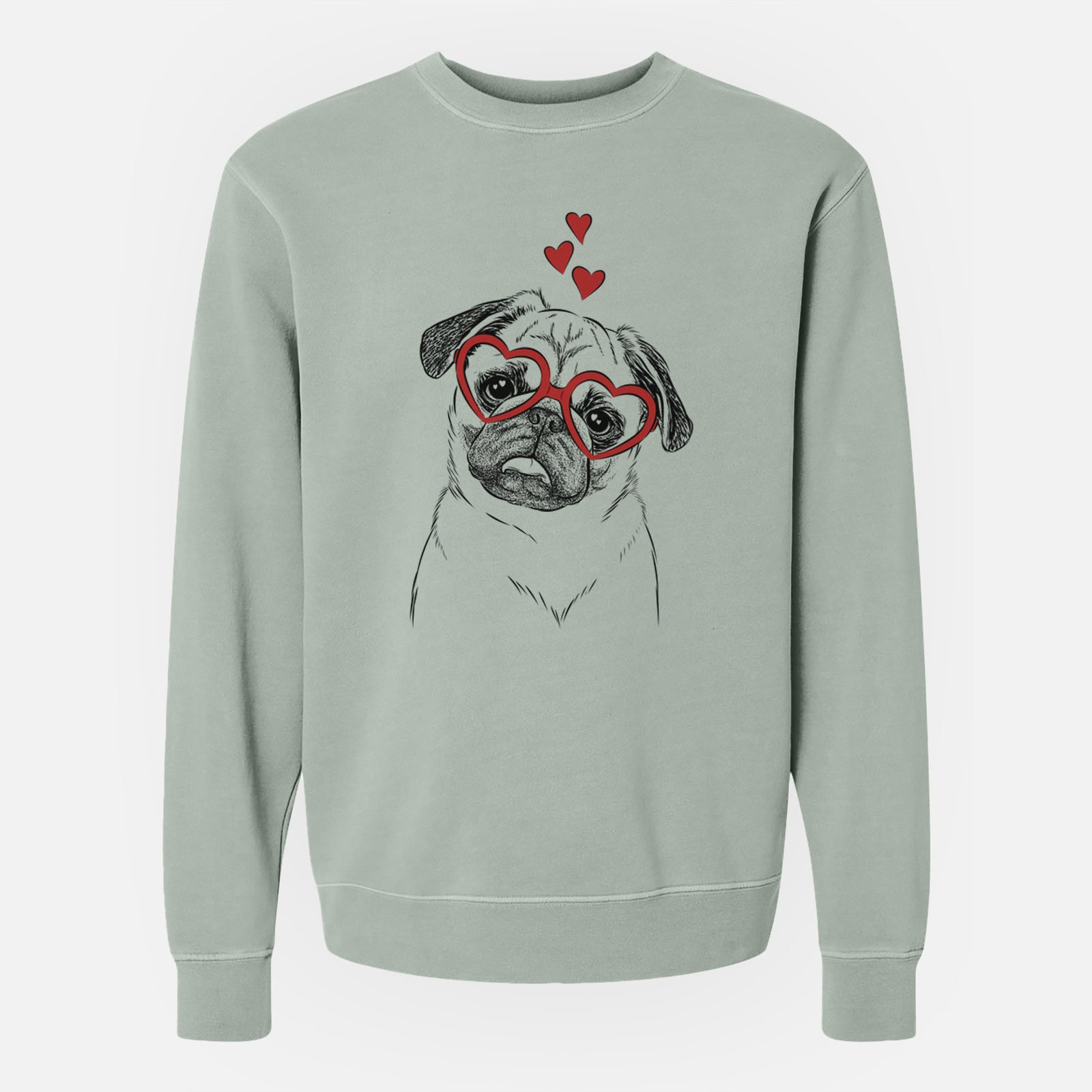 Hand-drawn sketch of Macy the Pug wearing heart-shaped glasses on a Sage Unisex pigment dyed crew sweatshirt