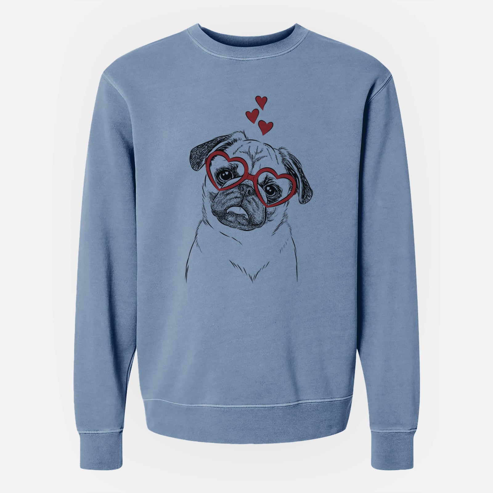 Hand-drawn sketch of Macy the Pug wearing heart-shaped glasses on a Slate Blue Unisex pigment dyed crew sweatshirt