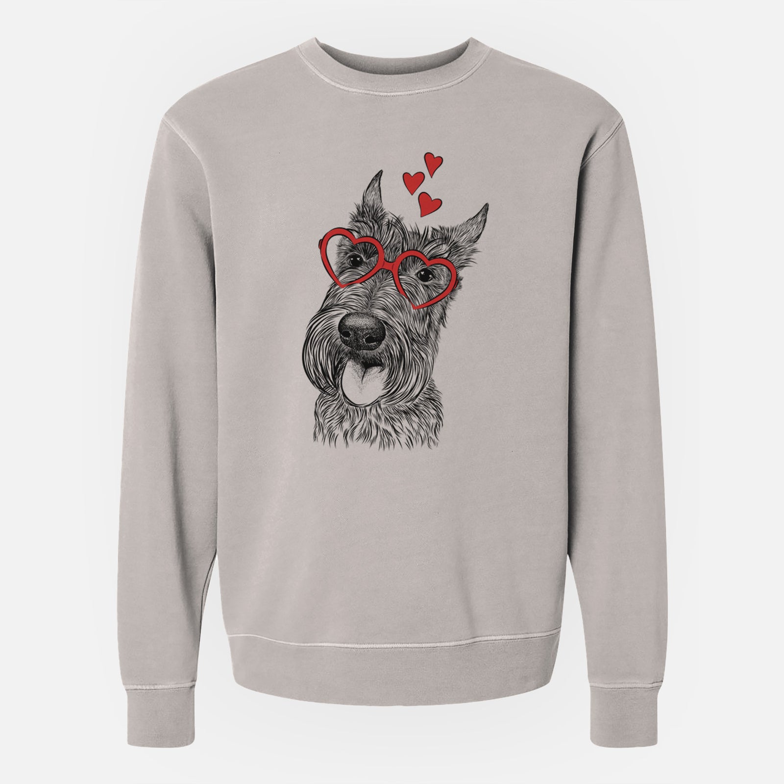 Hand-drawn sketch of Magnus the Scottish Terrier wearing heart-shaped glasses on a Cement Unisex pigment dyed crew sweatshirt