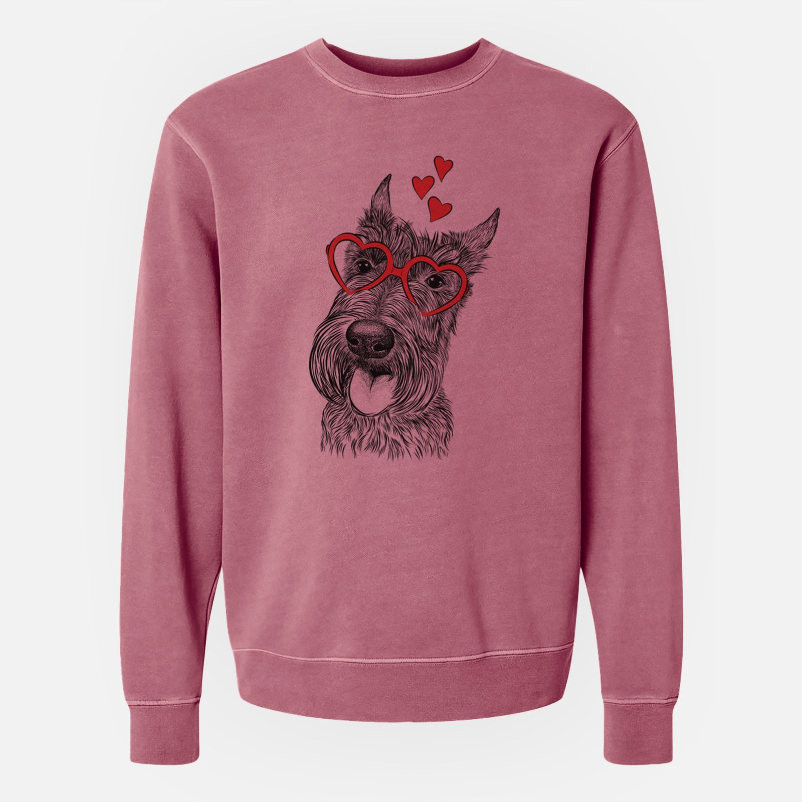 Hand-drawn sketch of Magnus the Scottish Terrier wearing heart-shaped glasses on a Maroon Unisex pigment dyed crew sweatshirt