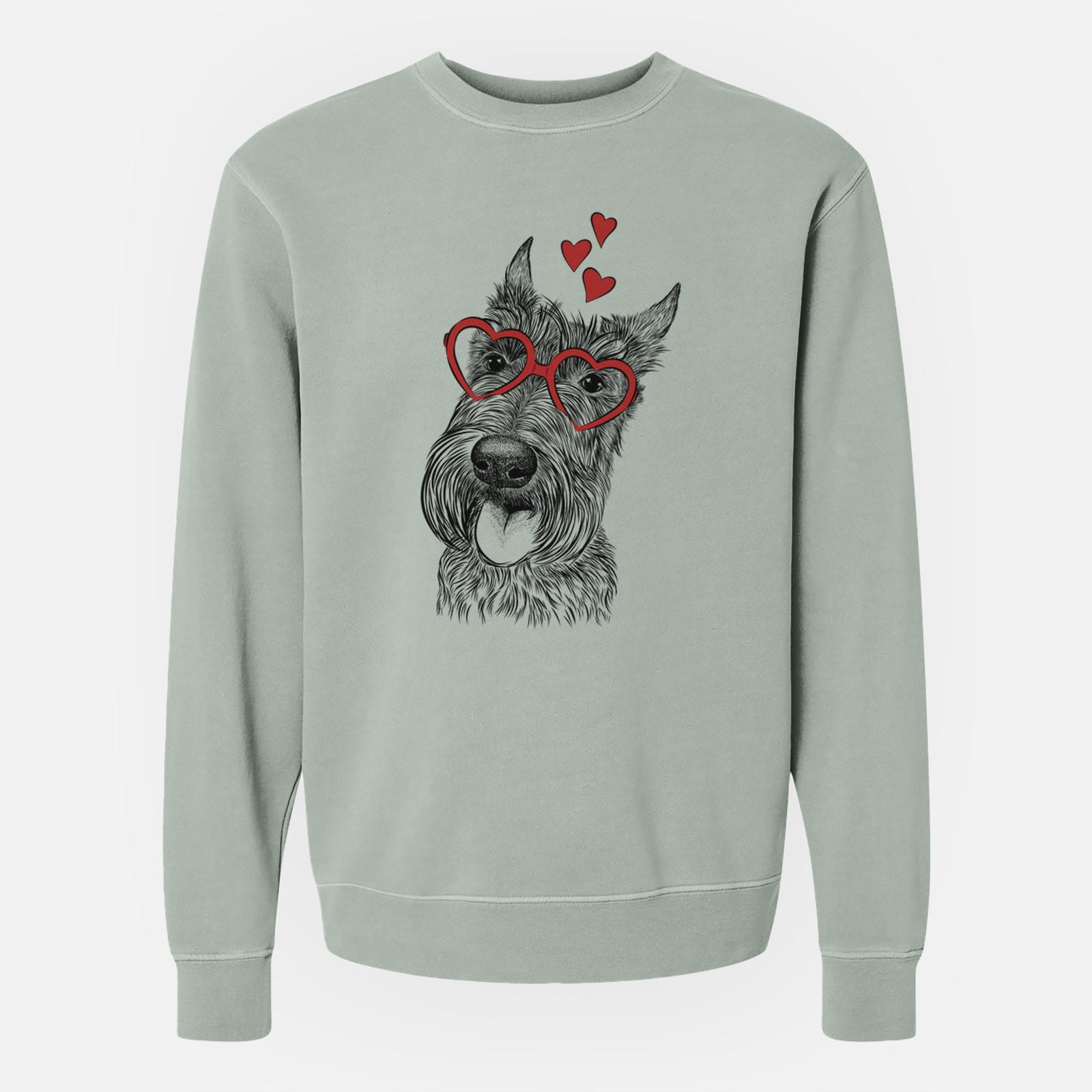 Hand-drawn sketch of Magnus the Scottish Terrier wearing heart-shaped glasses on a Sage Unisex pigment dyed crew sweatshirt
