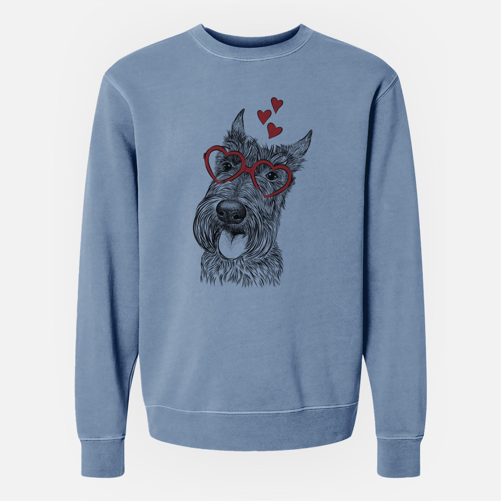 Hand-drawn sketch of Magnus the Scottish Terrier wearing heart-shaped glasses on a Slate Blue Unisex pigment dyed crew sweatshirt