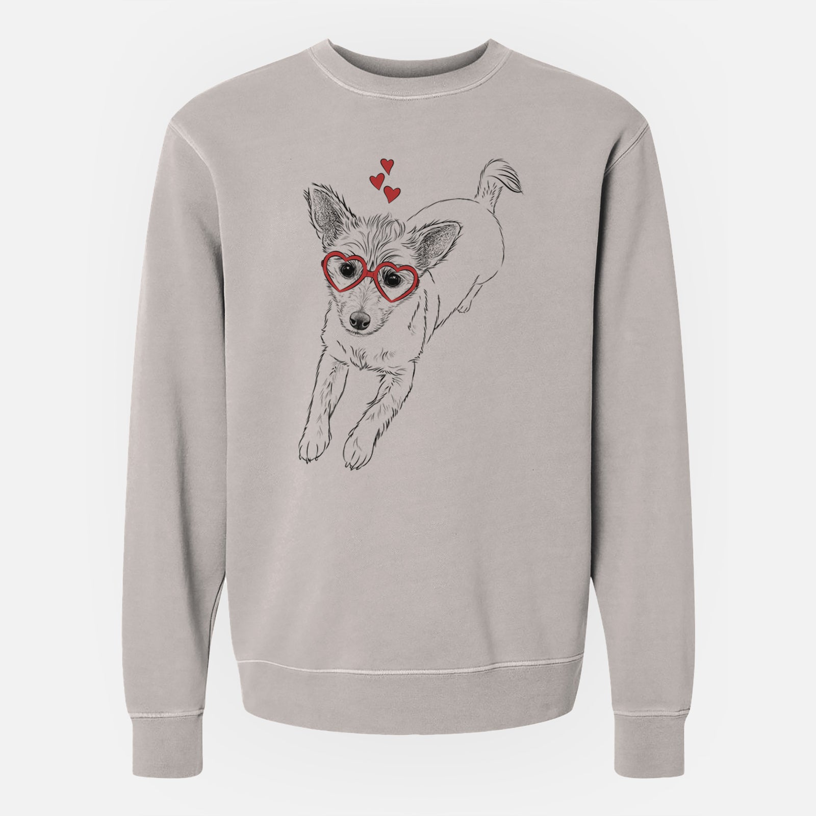 Hand-drawn sketch of Maisie the Terrier Mix wearing heart-shaped glasses on a Cement Unisex pigment dyed crew sweatshirt