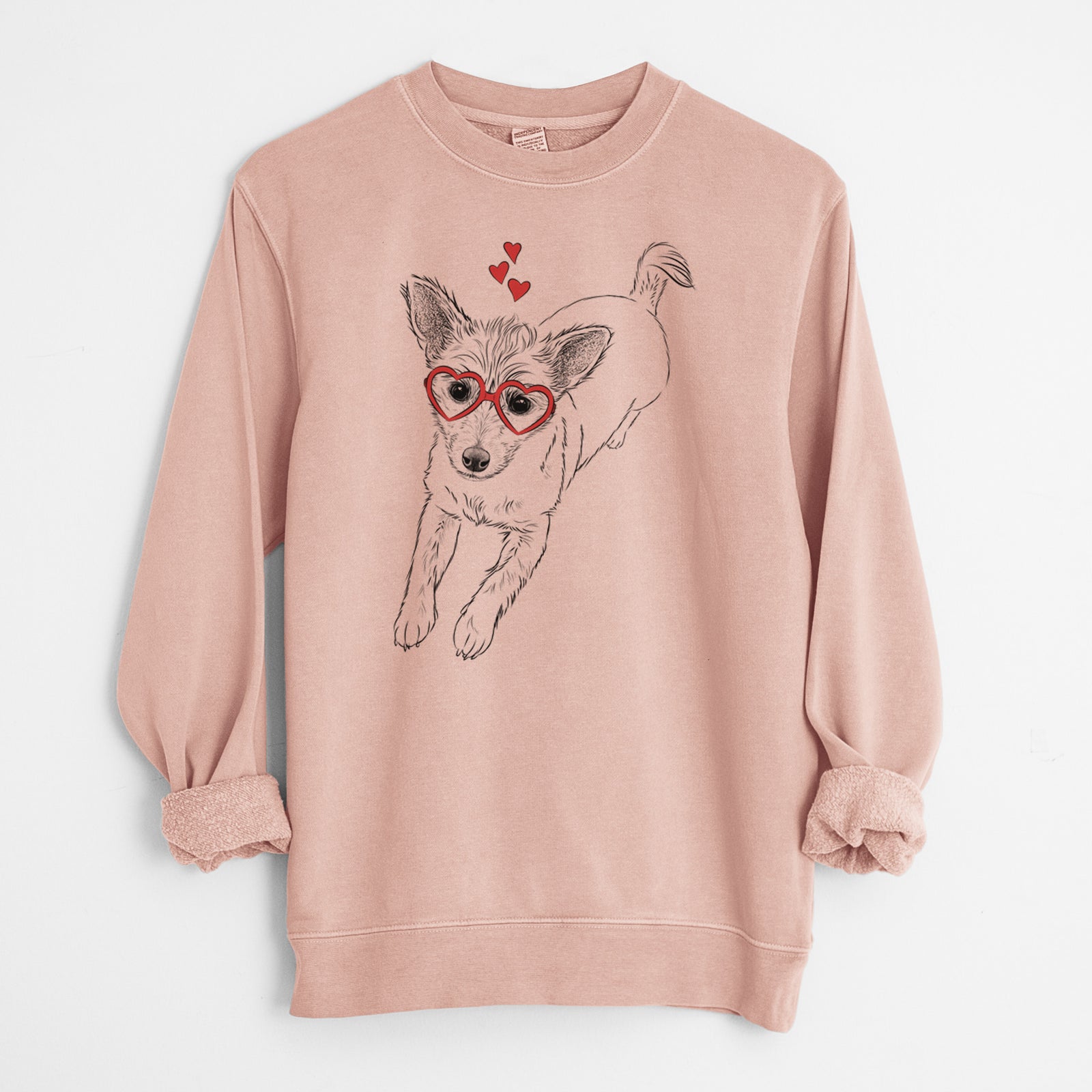 Hand-drawn sketch of Maisie the Terrier Mix wearing heart-shaped glasses on a Dusty Pink Unisex pigment dyed crew sweatshirt