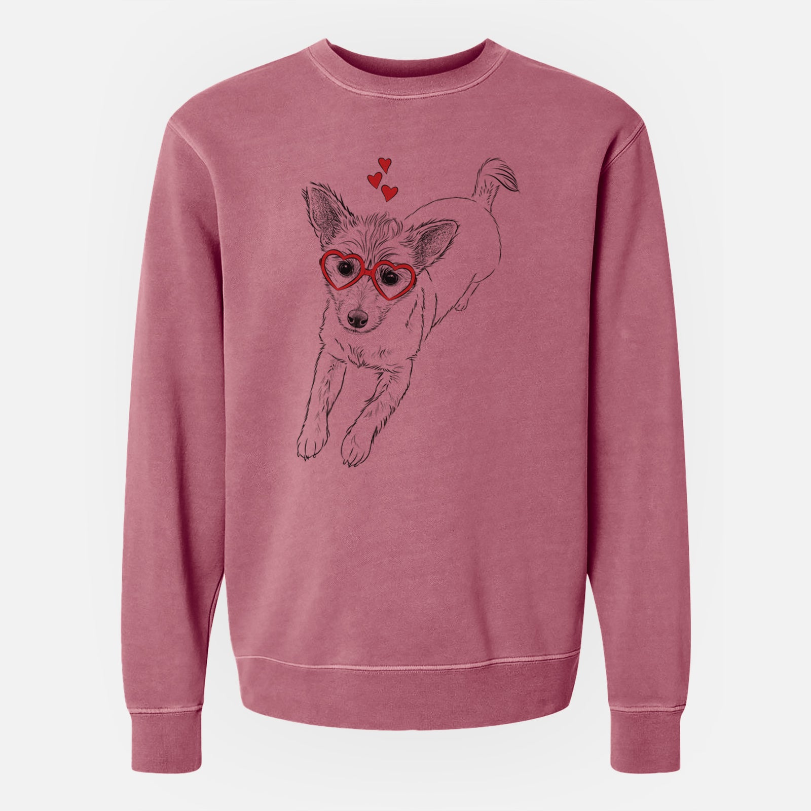 Hand-drawn sketch of Maisie the Terrier Mix wearing heart-shaped glasses on a Maroon Unisex pigment dyed crew sweatshirt