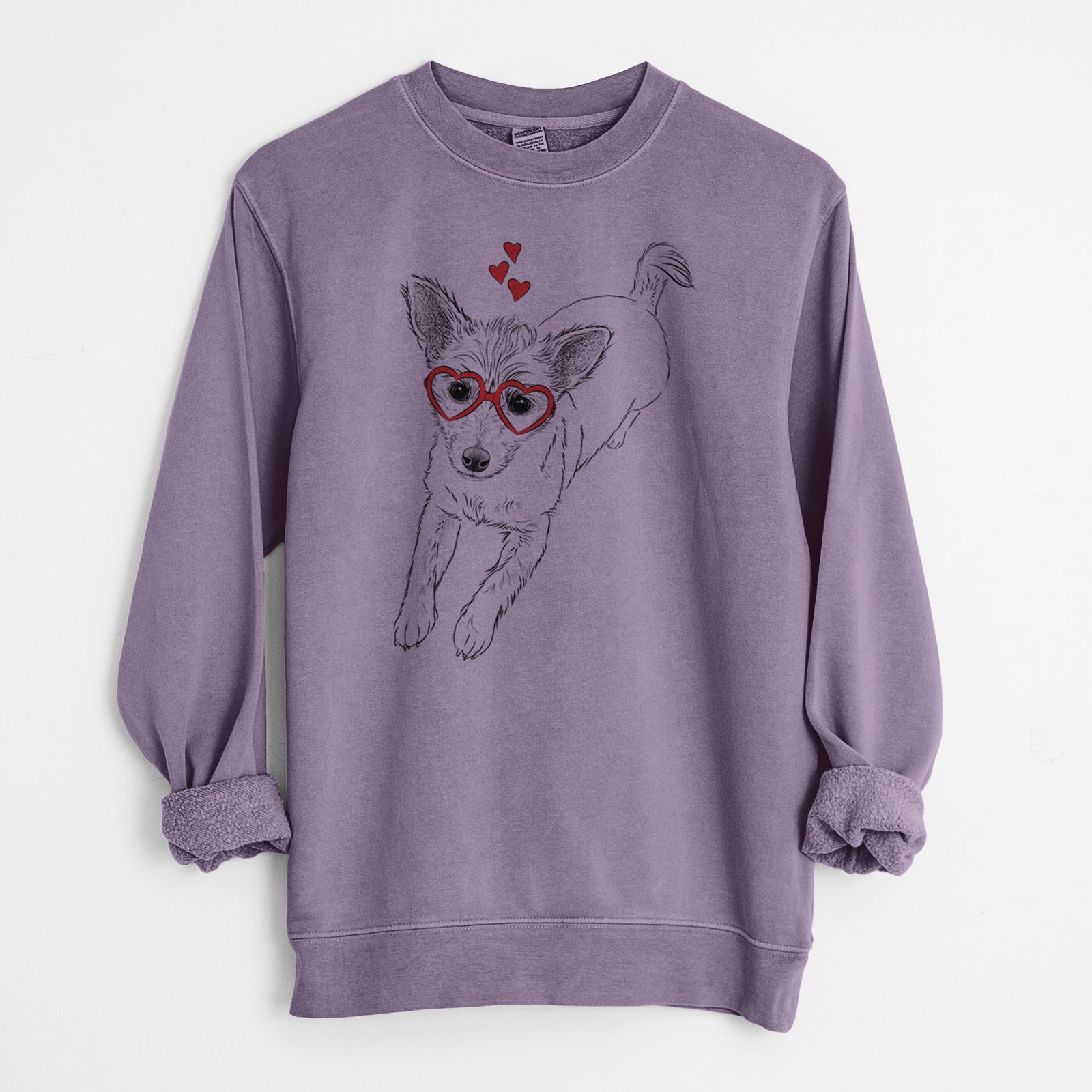 Hand-drawn sketch of Maisie the Terrier Mix wearing heart-shaped glasses on a Plum Unisex pigment dyed crew sweatshirt