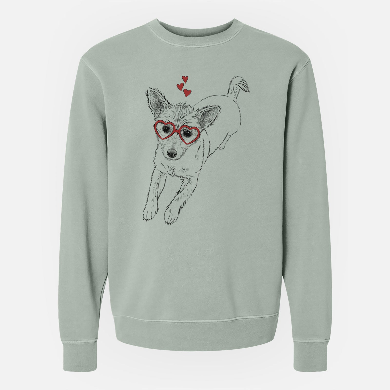 Hand-drawn sketch of Maisie the Terrier Mix wearing heart-shaped glasses on a Sage Unisex pigment dyed crew sweatshirt